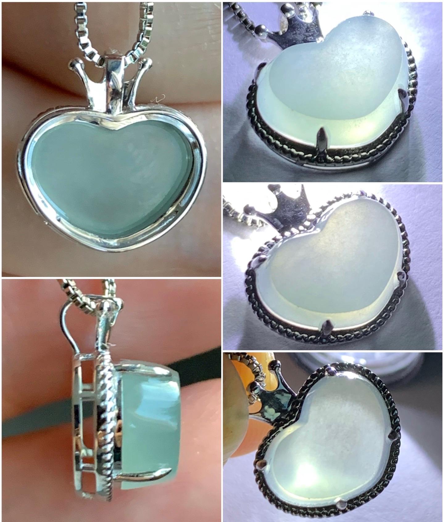 Certified Natural Burmese Premium Icy Highly Translucent White Jadeite Heart Pendant Crown Design 18K White Gold 天然缅甸白冰起光翡翠爱心皇冠镶嵌吊坠 8635