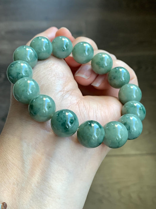 Natural Burmese Grade A Translucent Dark Green Marbled Jadeite Large Beads Beaded Bracelet 7.5” 13.8mm 69g Stretchy 天然缅甸大卡糯种深绿飘花翡翠手串 DLPH67