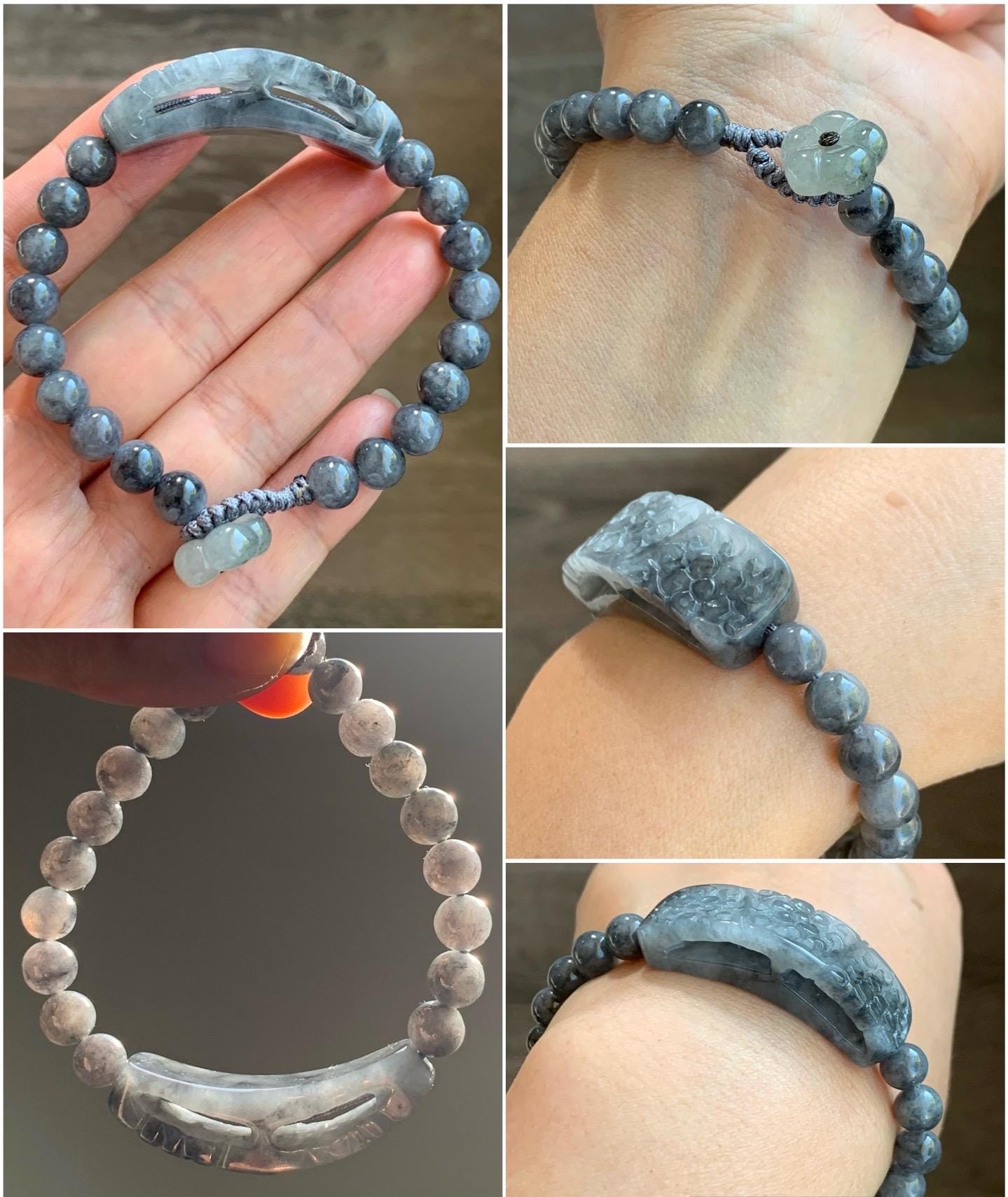 Natural Burmese Icy Translucent Wuji Jadeite Engraved Cuff &Wuji Jadeite Beads Beaded Bracelet 7” 27g 天然缅甸冰乌鸡翡翠仿古镂空雕手牌手串