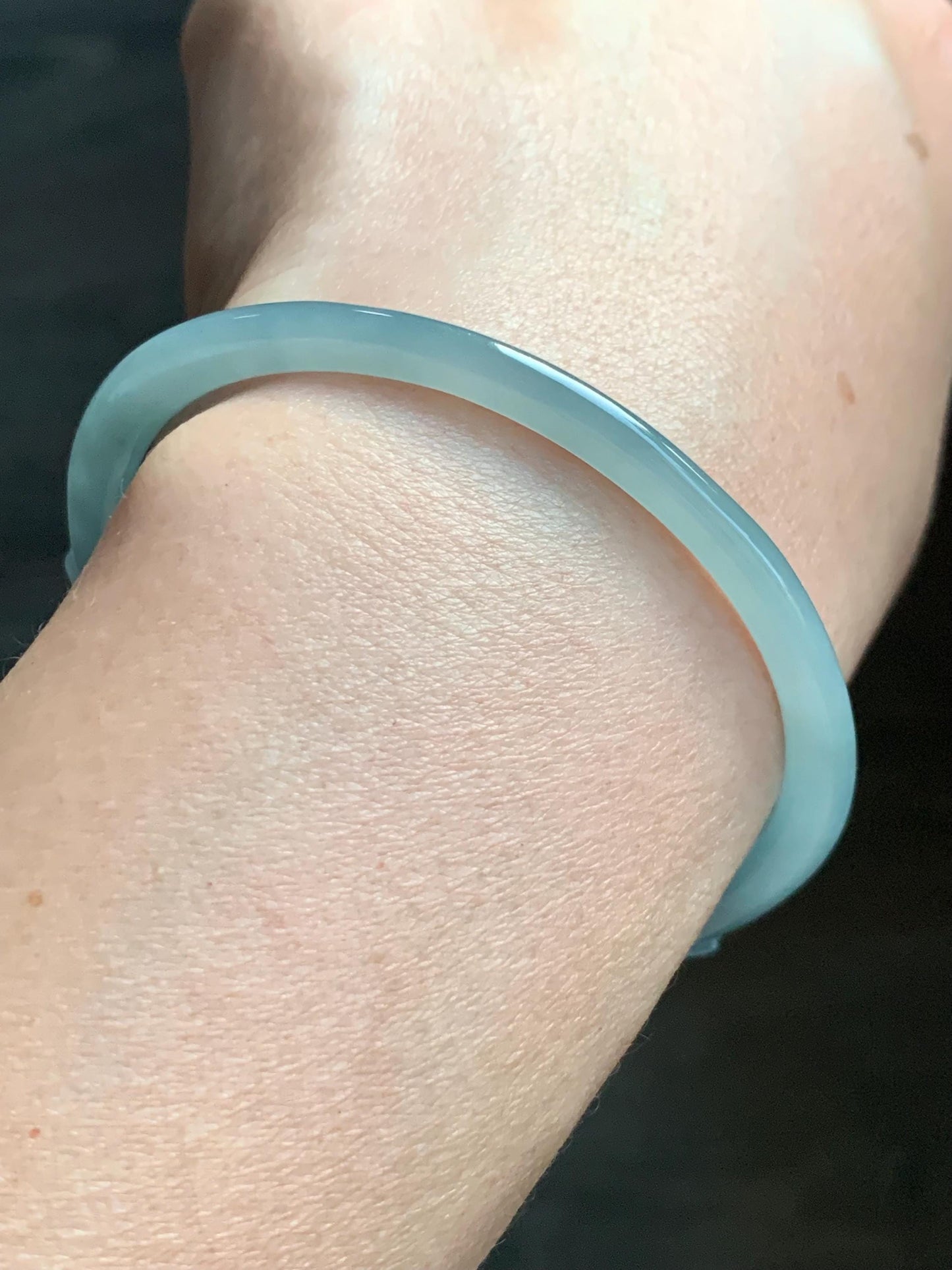 Natural Guatemalan Icy Highly Translucent Light Dusty Blue Jadeite Open Skinny Bangle Beaded Bracelet 56.7mm 7” 11g 天然冰危淡蓝翡翠开口镯手串 XTZ88