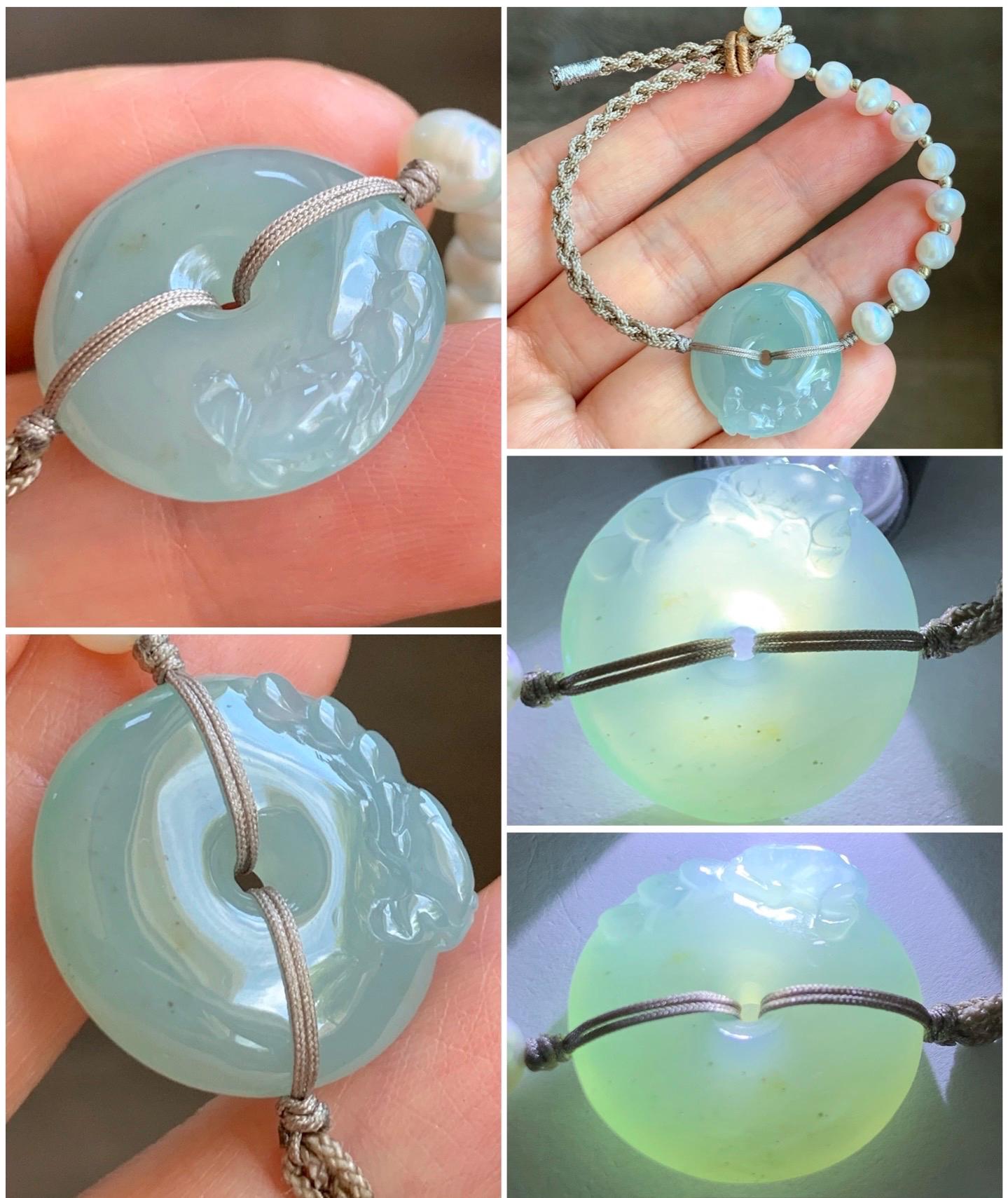 Natural Burmese Icy Translucent Light Dusty Blue Jadeite Ping An Kou Donut Freshwater Pearls Rope Bracelet Adjustable 天然缅甸冰胶天空蓝翡翠呱呱来财平安扣珍珠手绳