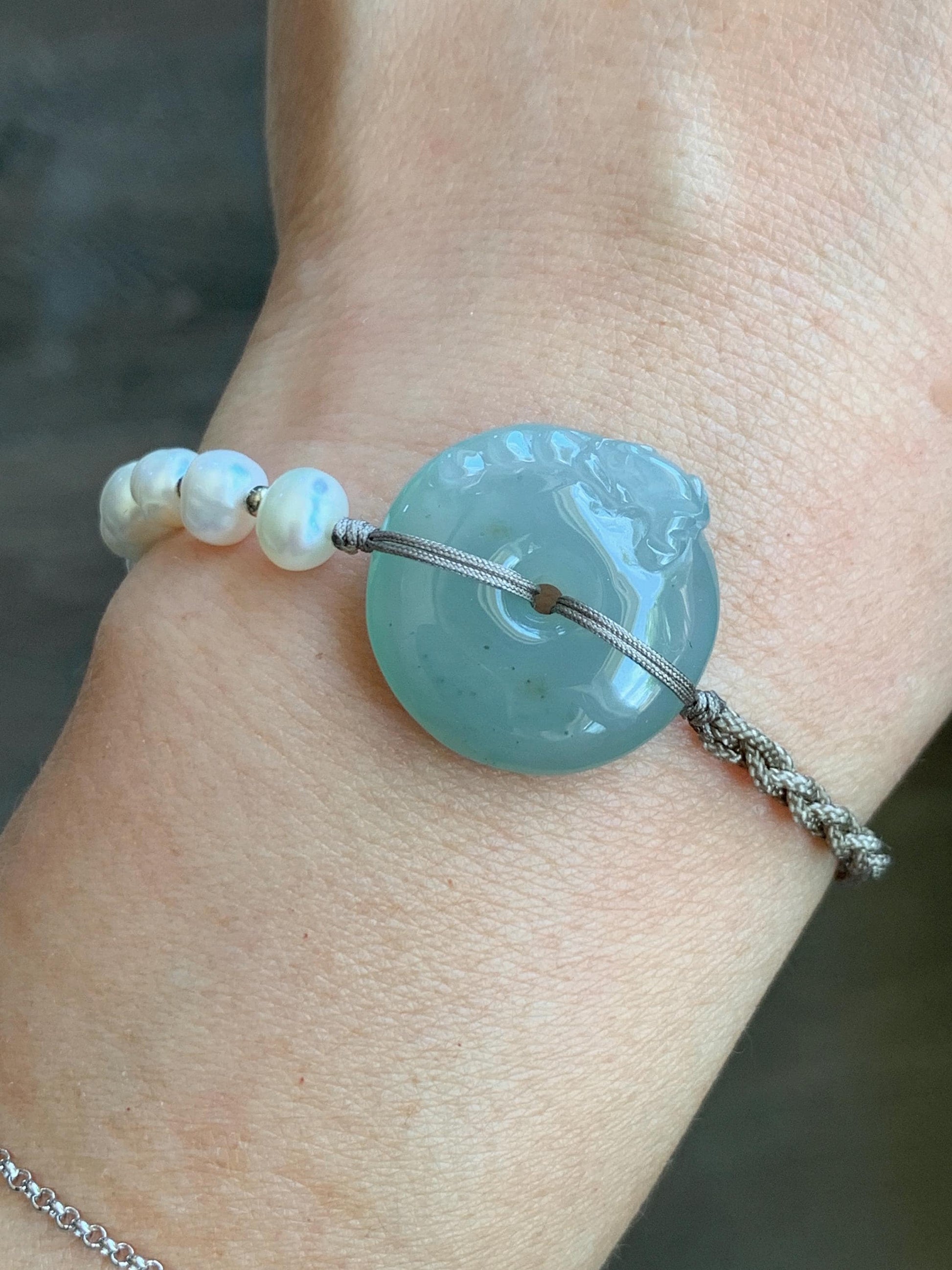 Natural Burmese Icy Translucent Light Dusty Blue Jadeite Ping An Kou Donut Freshwater Pearls Rope Bracelet Adjustable 天然缅甸冰胶天空蓝翡翠呱呱来财平安扣珍珠手绳