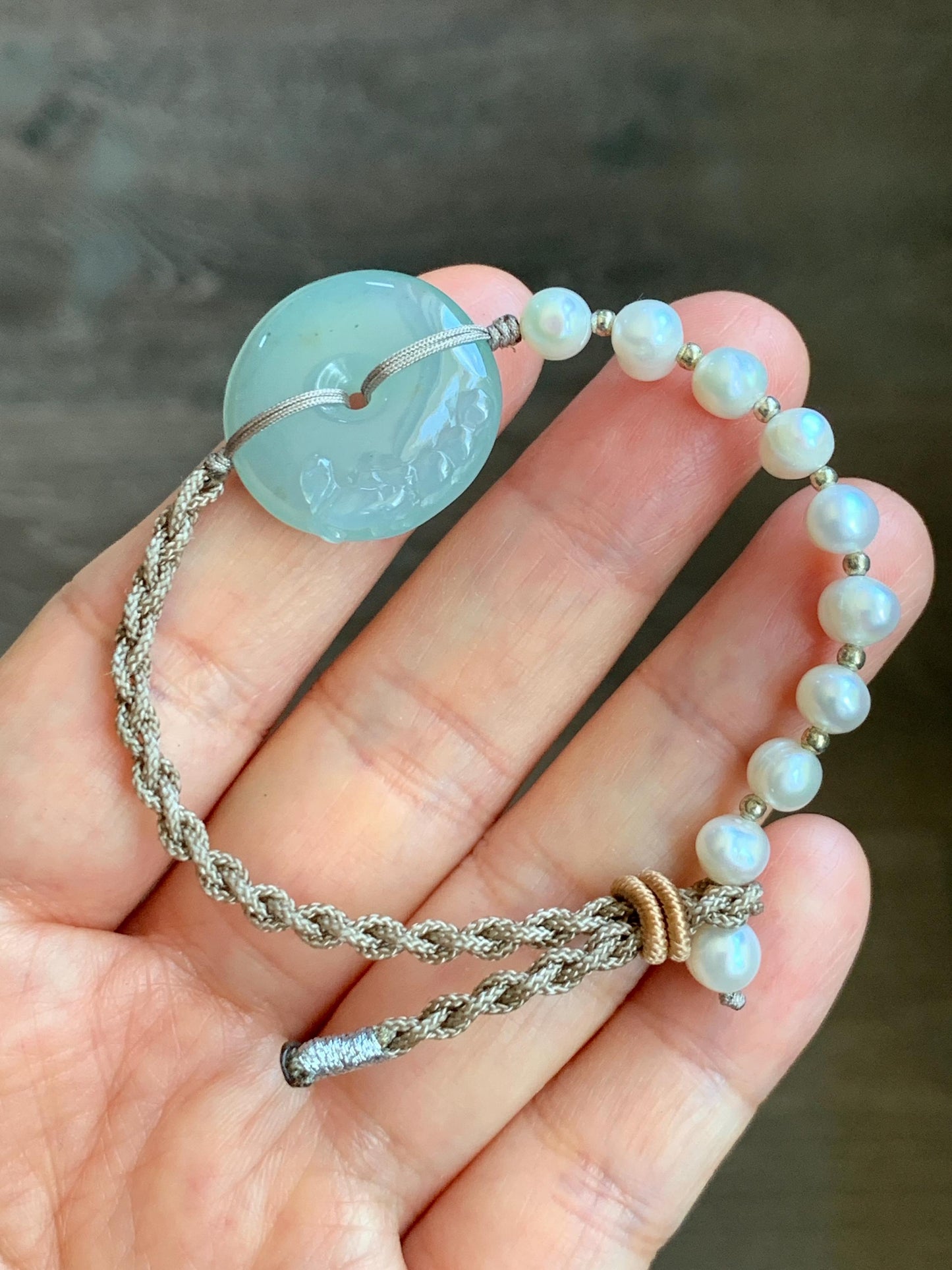 Natural Burmese Icy Translucent Light Dusty Blue Jadeite Ping An Kou Donut Freshwater Pearls Rope Bracelet Adjustable 天然缅甸冰胶天空蓝翡翠呱呱来财平安扣珍珠手绳