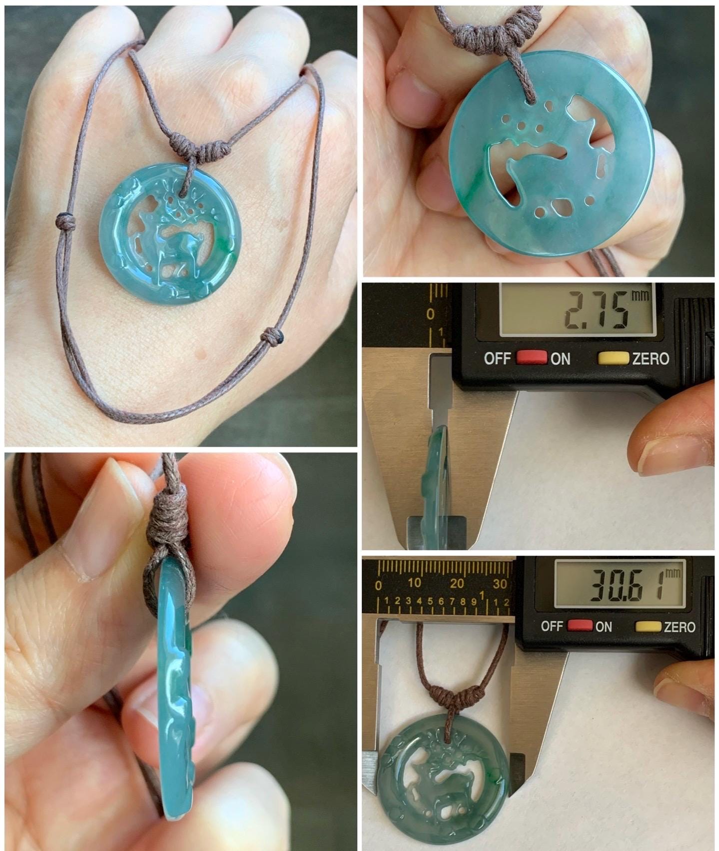 Natural Guatemalan Icy Highly Translucent Light Dusty Teal Blue Jadeite Engraved Deer Pendant Rope Necklace Adjustable 26” 5g 天然危蓝水飘花翡翠梅花鹿吊坠