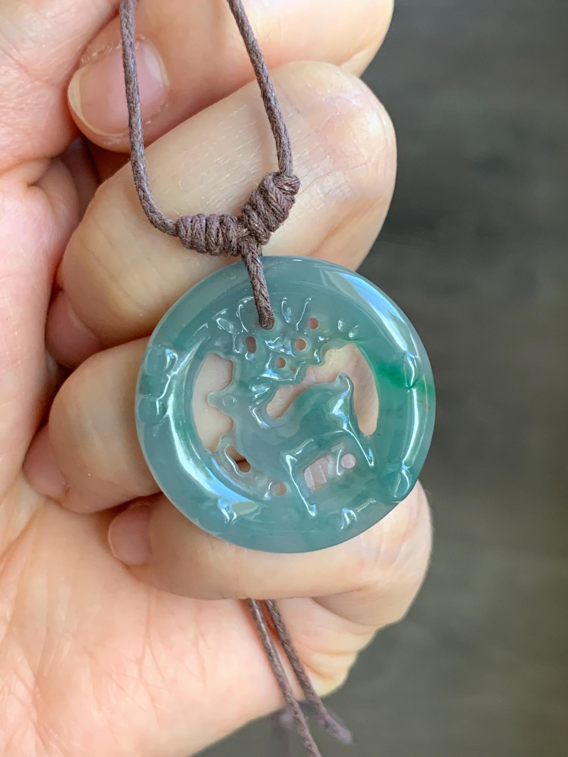 Natural Guatemalan Icy Highly Translucent Light Dusty Teal Blue Jadeite Engraved Deer Pendant Rope Necklace Adjustable 26” 5g 天然危蓝水飘花翡翠梅花鹿吊坠