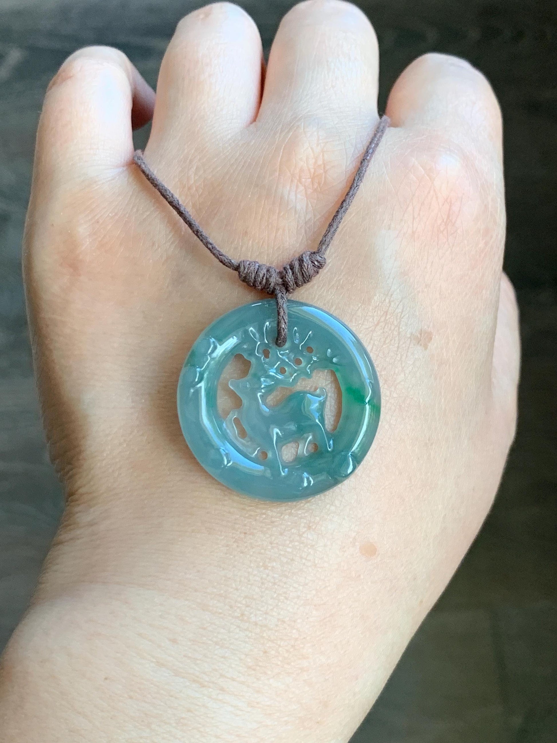 Natural Guatemalan Icy Highly Translucent Light Dusty Teal Blue Jadeite Engraved Deer Pendant Rope Necklace Adjustable 26” 5g 天然危蓝水飘花翡翠梅花鹿吊坠