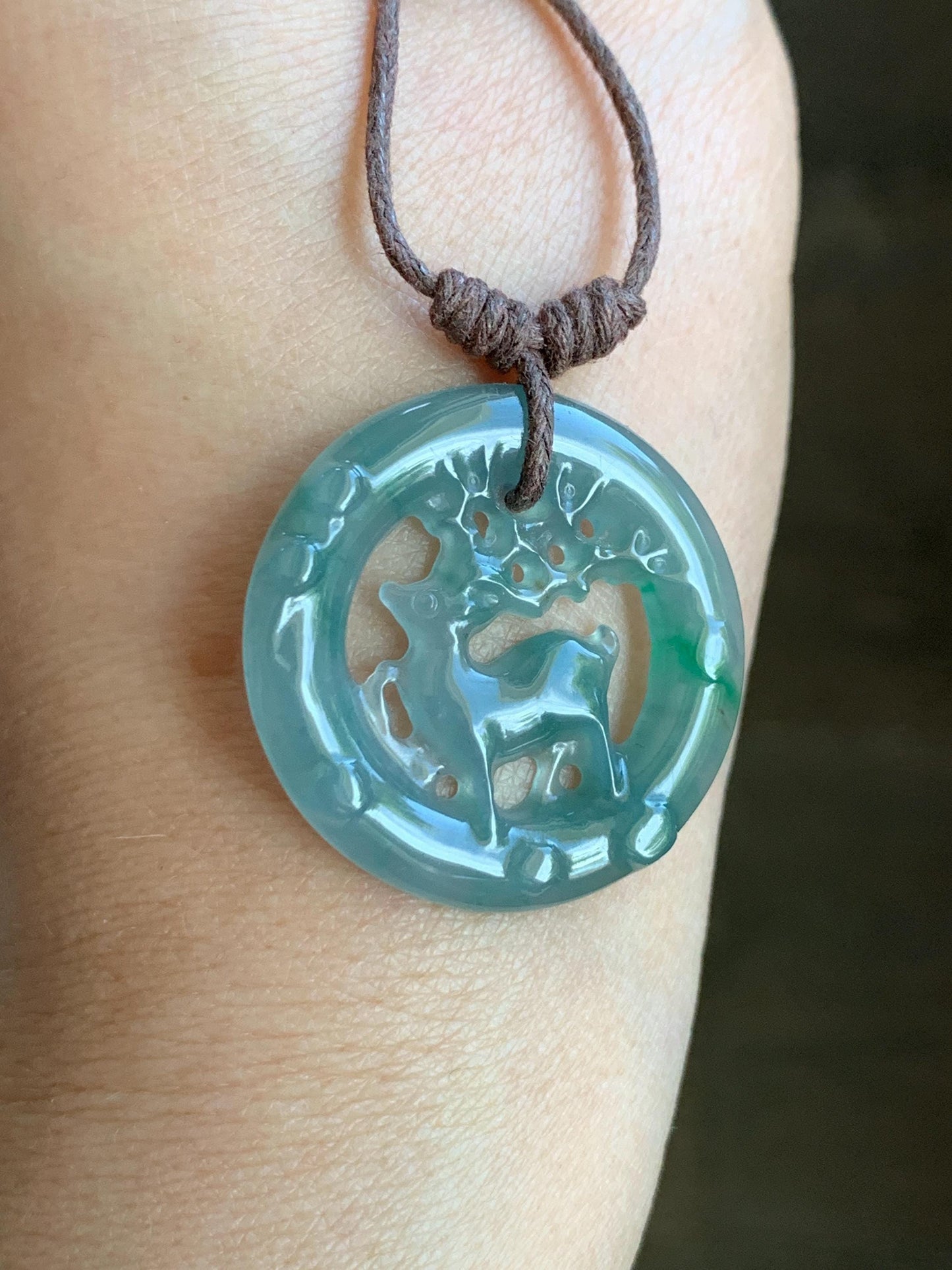 Natural Guatemalan Icy Highly Translucent Light Dusty Teal Blue Jadeite Engraved Deer Pendant Rope Necklace Adjustable 26” 5g 天然危蓝水飘花翡翠梅花鹿吊坠