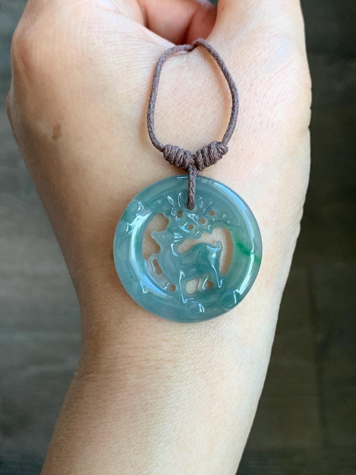 Natural Guatemalan Icy Highly Translucent Light Dusty Teal Blue Jadeite Engraved Deer Pendant Rope Necklace Adjustable 26” 5g 天然危蓝水飘花翡翠梅花鹿吊坠