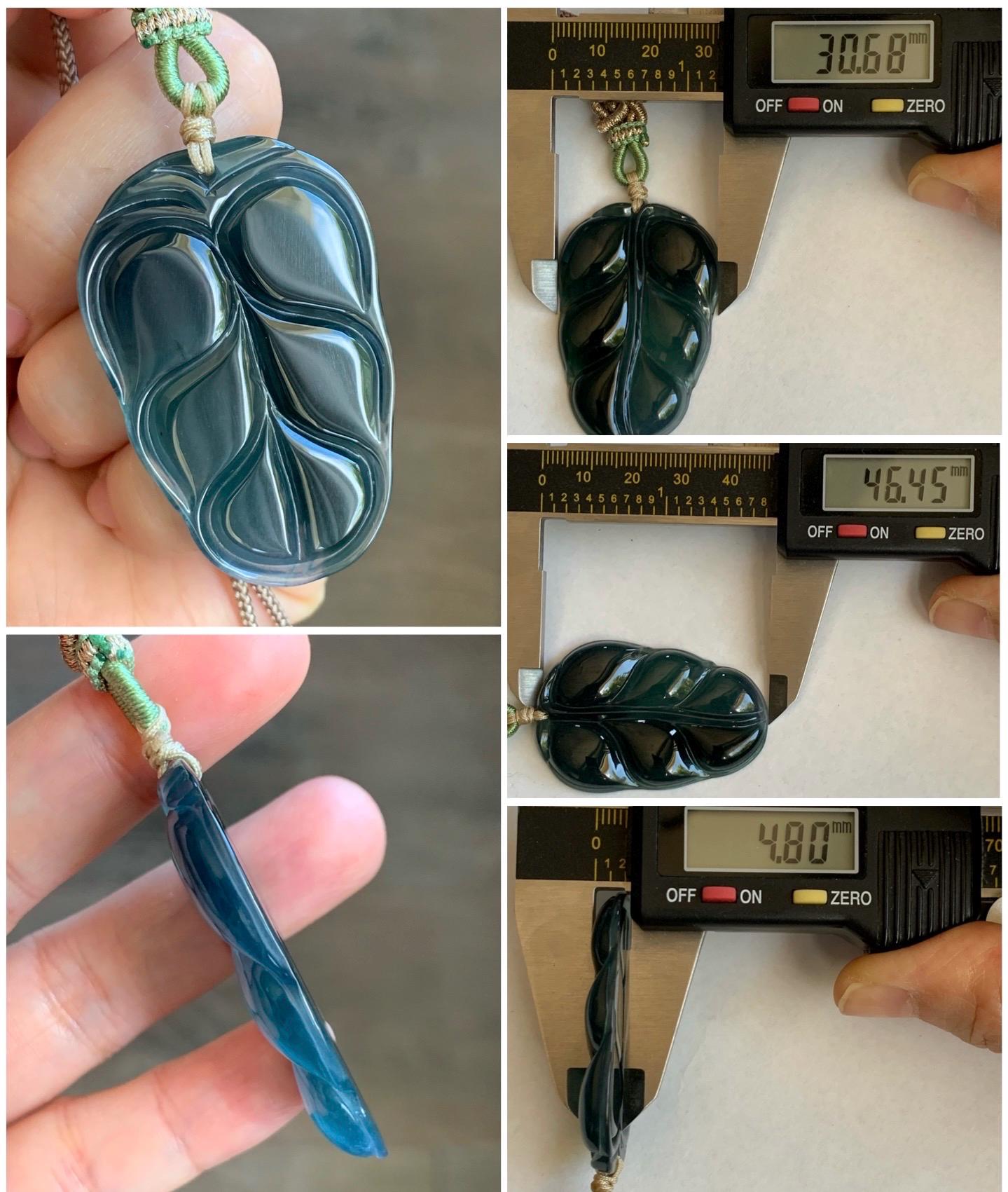 Large Natural Guatemalan “Aged” Icy Highly Translucent Dark Blue Jadeite Carved Leaf Pendant Rope Necklace 24” 17g 天然老种冰危深蓝水翡翠大叶有成吊坠