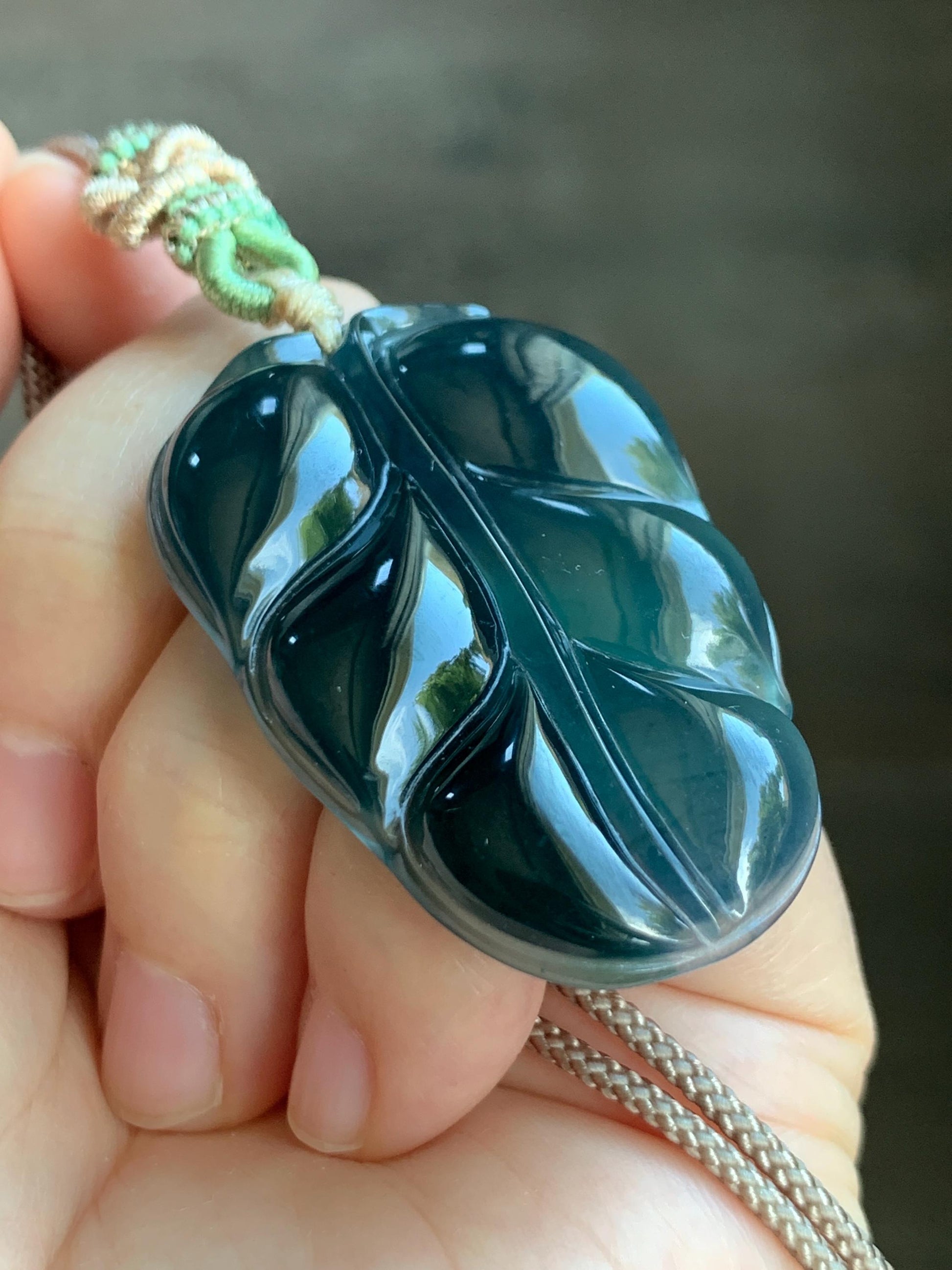 Large Natural Guatemalan “Aged” Icy Highly Translucent Dark Blue Jadeite Carved Leaf Pendant Rope Necklace 24” 17g 天然老种冰危深蓝水翡翠大叶有成吊坠