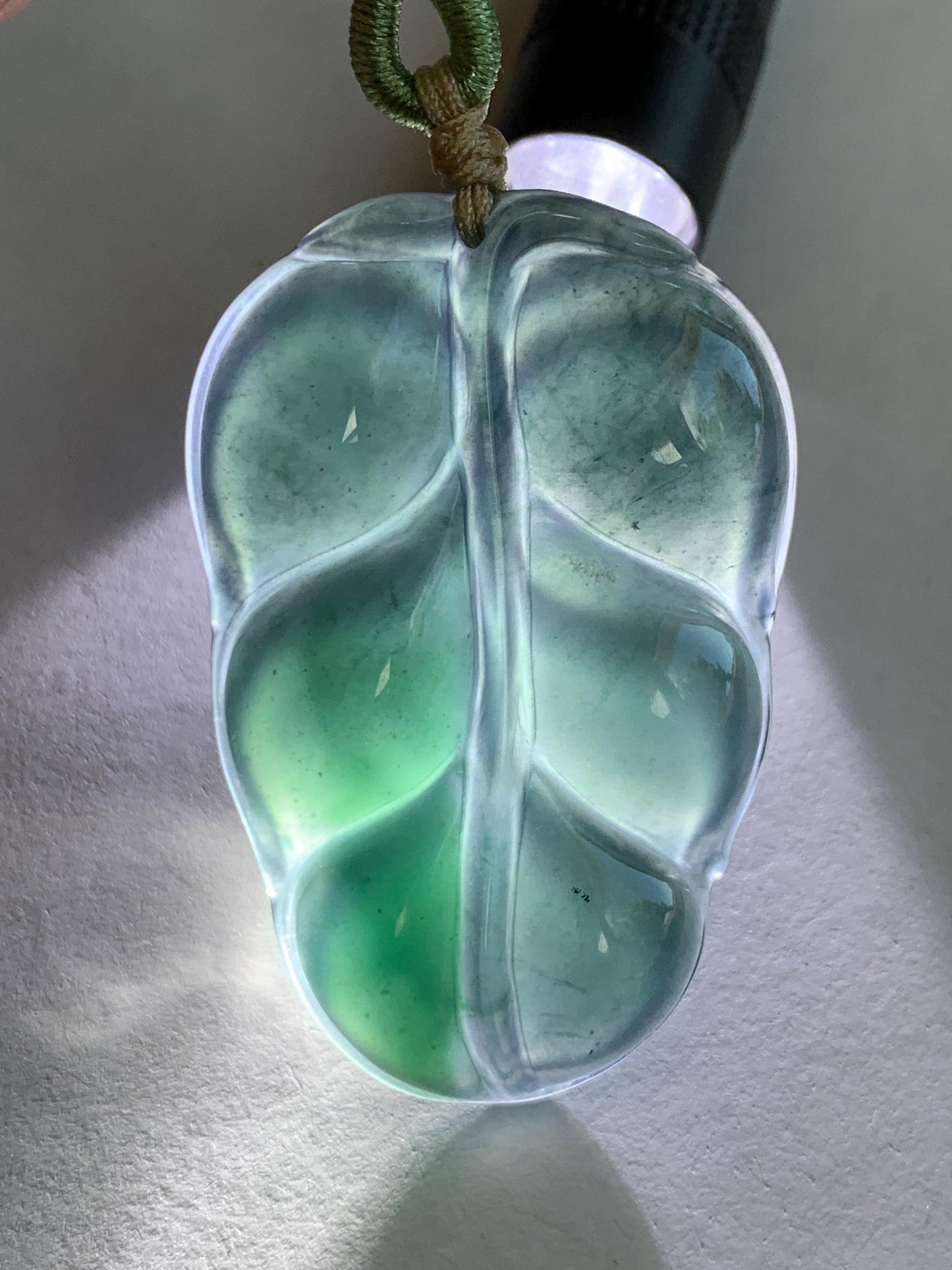 Large Natural Guatemalan “Aged” Icy Highly Translucent Dark Blue Jadeite Carved Leaf Pendant Rope Necklace 24” 17g 天然老种冰危深蓝水翡翠大叶有成吊坠