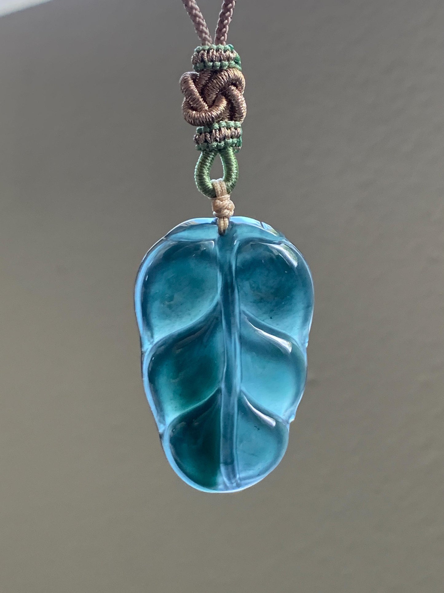 Large Natural Guatemalan “Aged” Icy Highly Translucent Dark Blue Jadeite Carved Leaf Pendant Rope Necklace 24” 17g 天然老种冰危深蓝水翡翠大叶有成吊坠