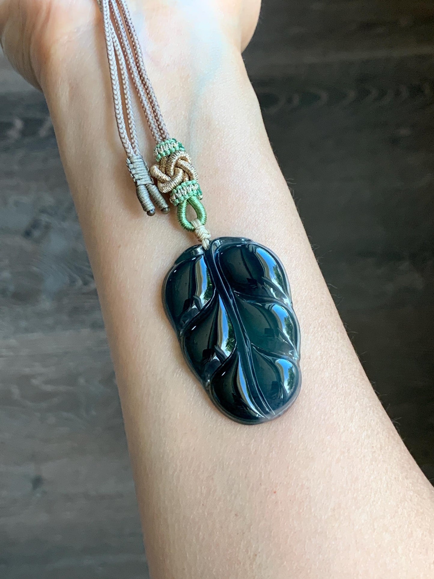 Large Natural Guatemalan “Aged” Icy Highly Translucent Dark Blue Jadeite Carved Leaf Pendant Rope Necklace 24” 17g 天然老种冰危深蓝水翡翠大叶有成吊坠