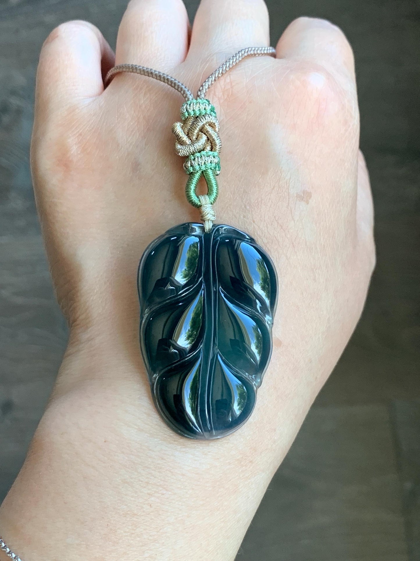 Large Natural Guatemalan “Aged” Icy Highly Translucent Dark Blue Jadeite Carved Leaf Pendant Rope Necklace 24” 17g 天然老种冰危深蓝水翡翠大叶有成吊坠