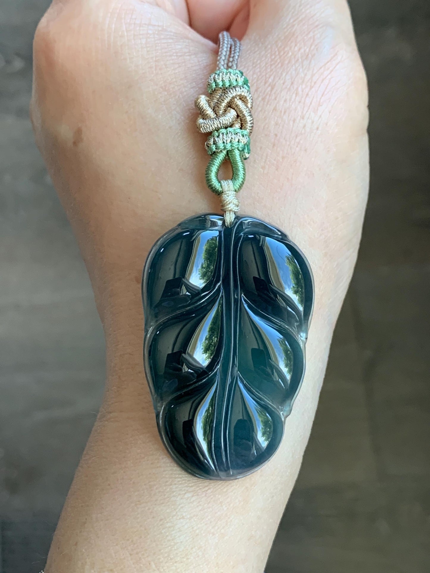 Large Natural Guatemalan “Aged” Icy Highly Translucent Dark Blue Jadeite Carved Leaf Pendant Rope Necklace 24” 17g 天然老种冰危深蓝水翡翠大叶有成吊坠