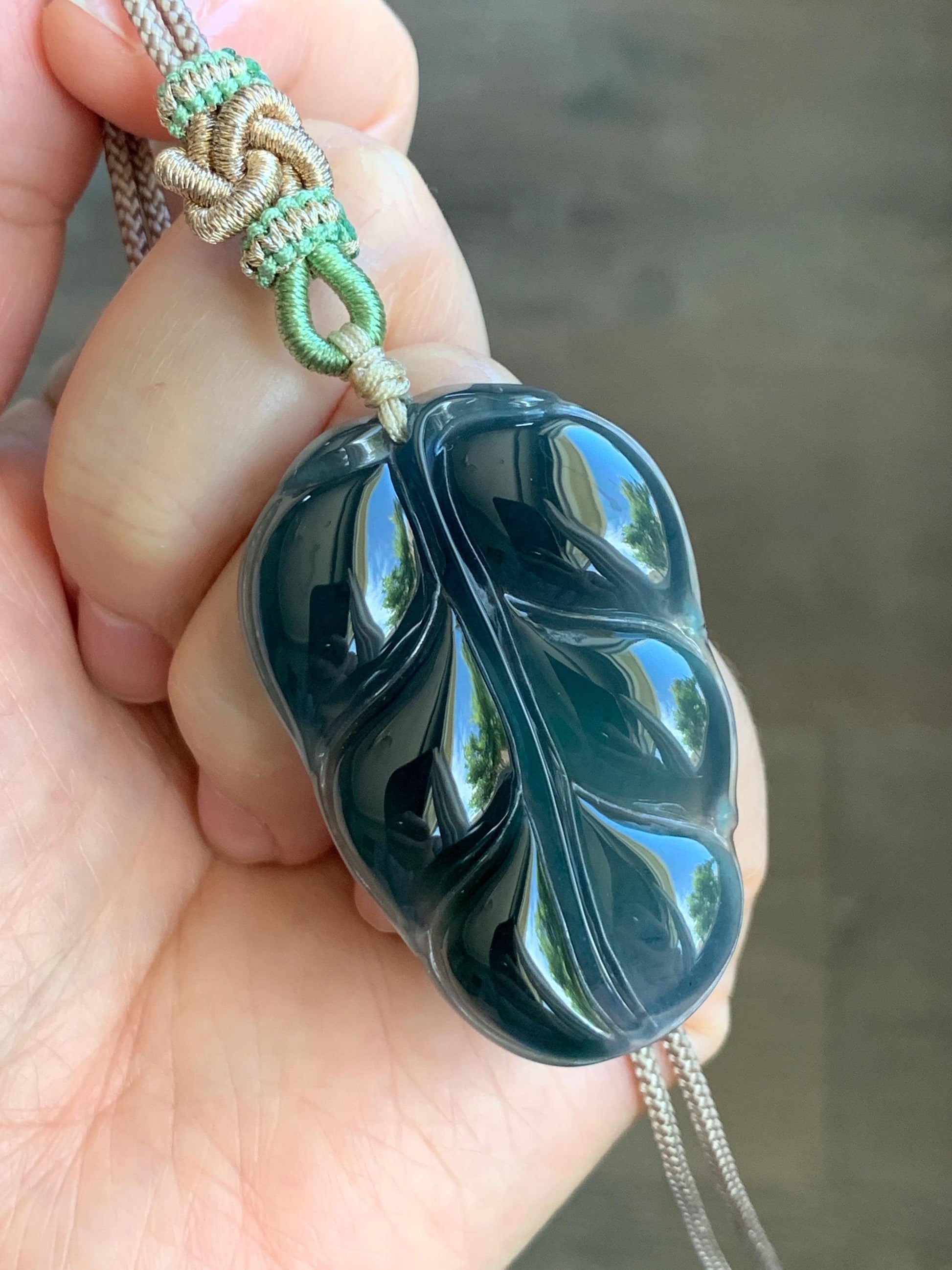 Large Natural Guatemalan “Aged” Icy Highly Translucent Dark Blue Jadeite Carved Leaf Pendant Rope Necklace 24” 17g 天然老种冰危深蓝水翡翠大叶有成吊坠