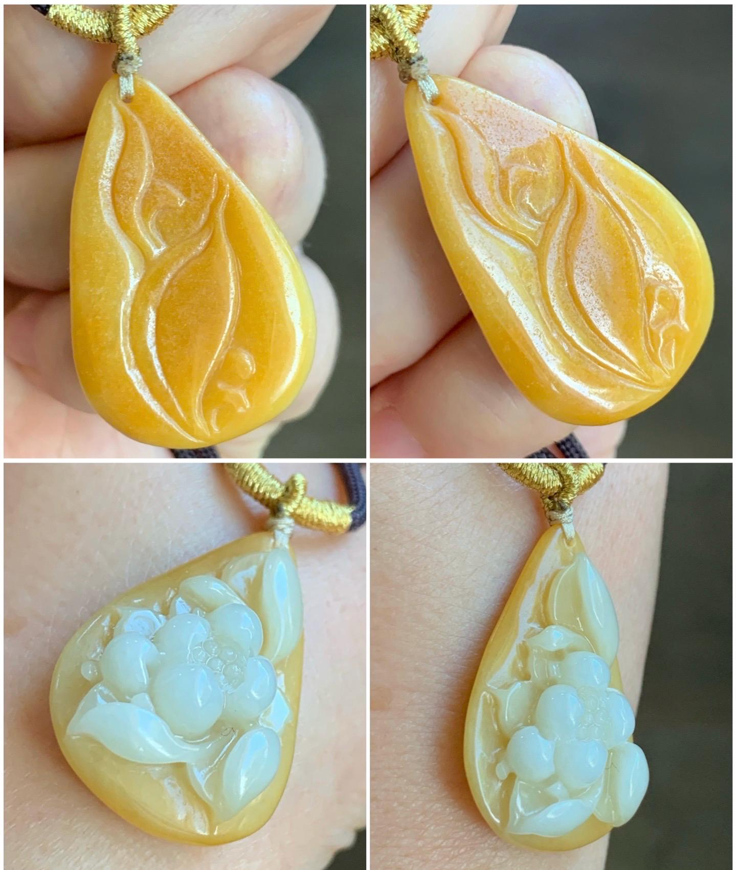 Natural Burmese Icy Translucent White & Yellow Bicolored Jadeite Carved Lotus Flower Teardrop Pendant Rope Necklace 26" 天然缅甸细糯白加黄翡翠一品清莲吊坠