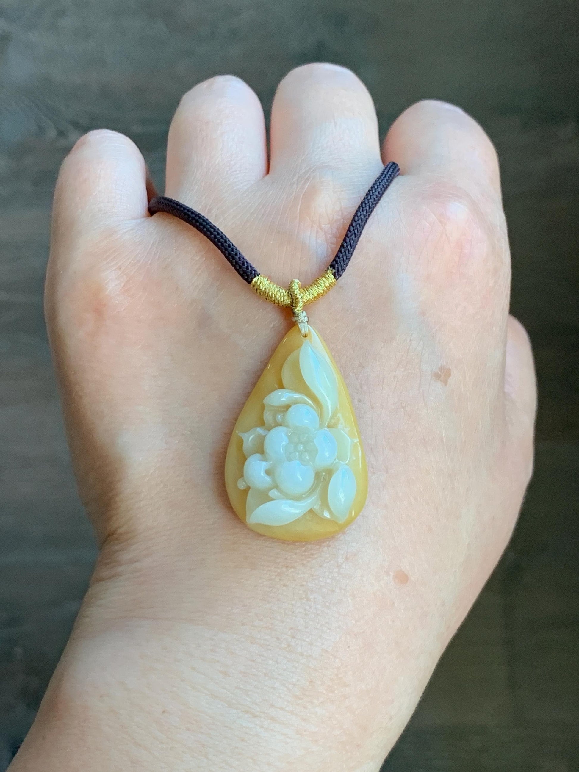 Natural Burmese Icy Translucent White & Yellow Bicolored Jadeite Carved Lotus Flower Teardrop Pendant Rope Necklace 26" 天然缅甸细糯白加黄翡翠一品清莲吊坠