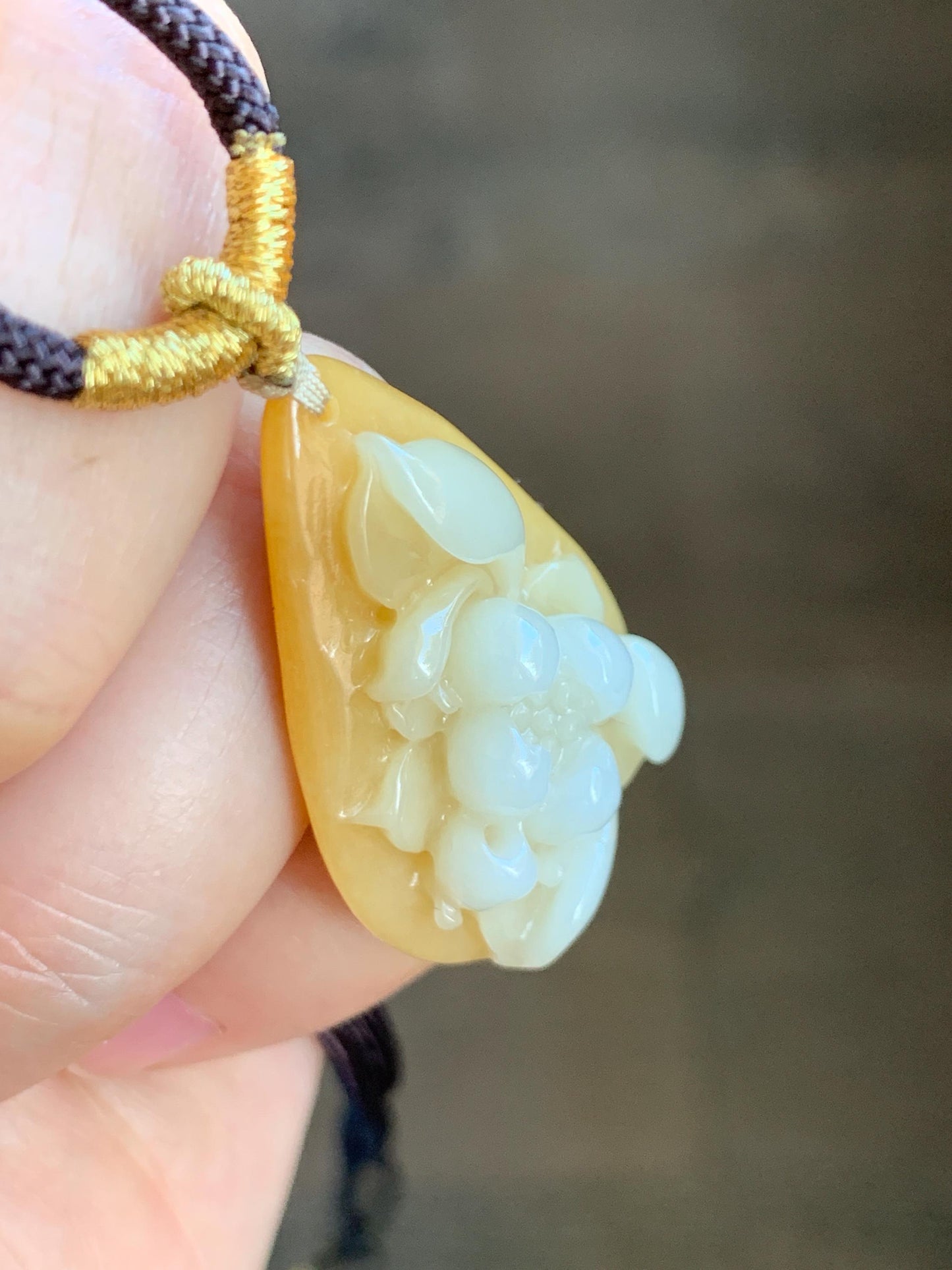 Natural Burmese Icy Translucent White & Yellow Bicolored Jadeite Carved Lotus Flower Teardrop Pendant Rope Necklace 26" 天然缅甸细糯白加黄翡翠一品清莲吊坠