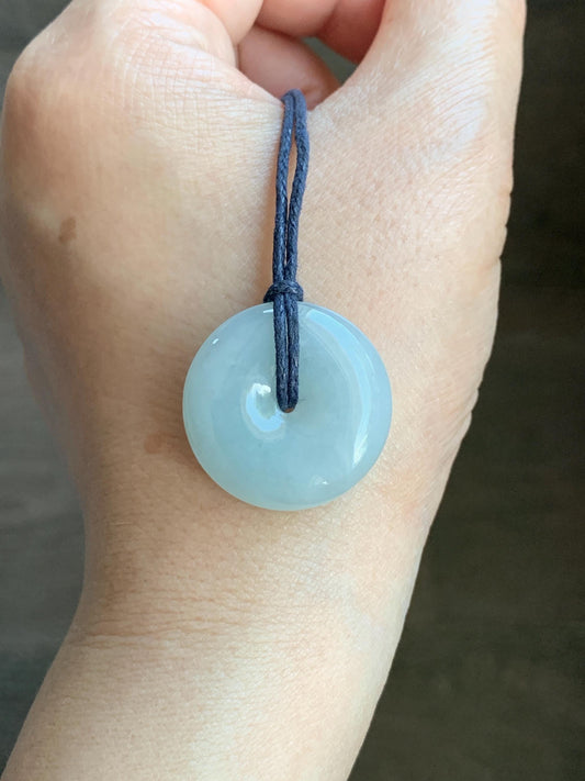 Natural Burmese Icy Translucent Gelatinous Pastel Blue Jadeite Ping An Kou Donut Pendant Rope Necklace 25” Adjustable 天然缅甸冰胶淡蓝翡翠平安扣吊坠