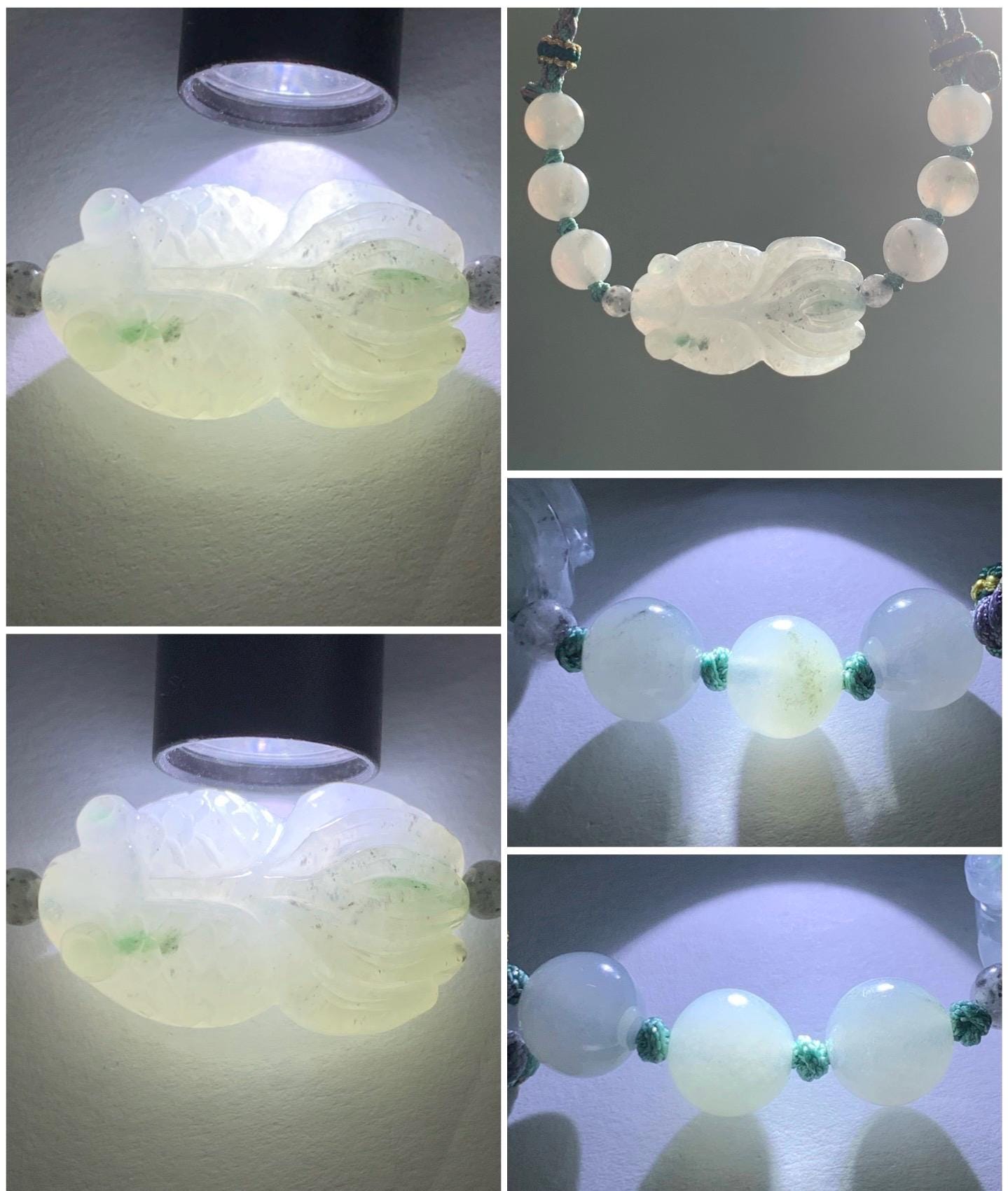 Natural Burmese Grade A Icy Translucent Gelatinous Wuji Jadeite w/ Green Marbling Carved Goldfish Rope Bracelet Adjustable 天然缅甸冰胶乌鸡飘绿花翡翠金鱼手绳