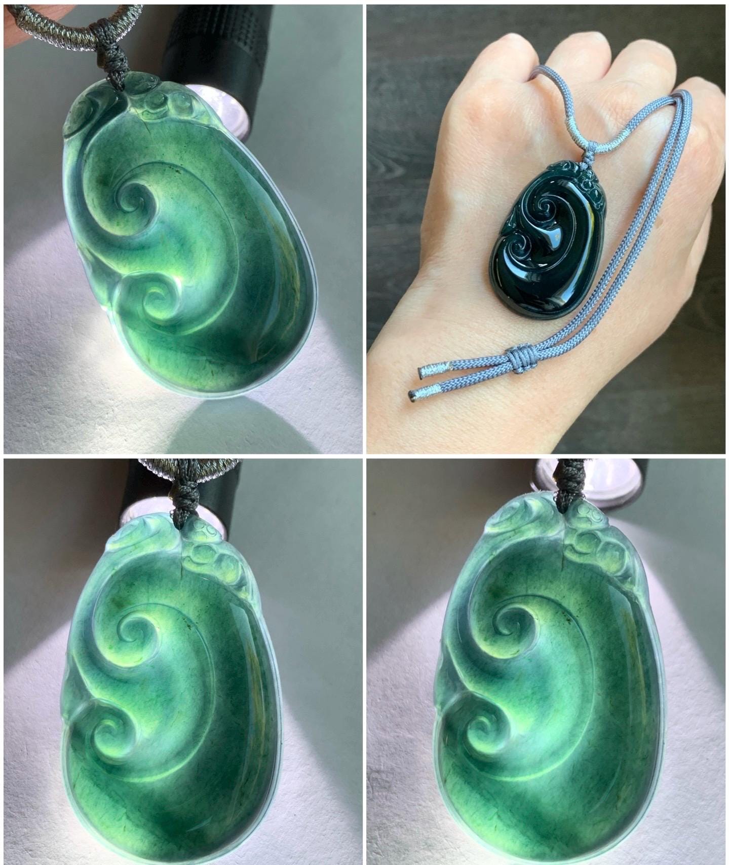 Large Natural Guatemalan Icy Translucent Dark Teal Blue Jadeite Carved Ruyi Pendant Rope Necklace 28" Adjustable 14g 天然冰危湖水蓝翡翠如意吊坠 YSH