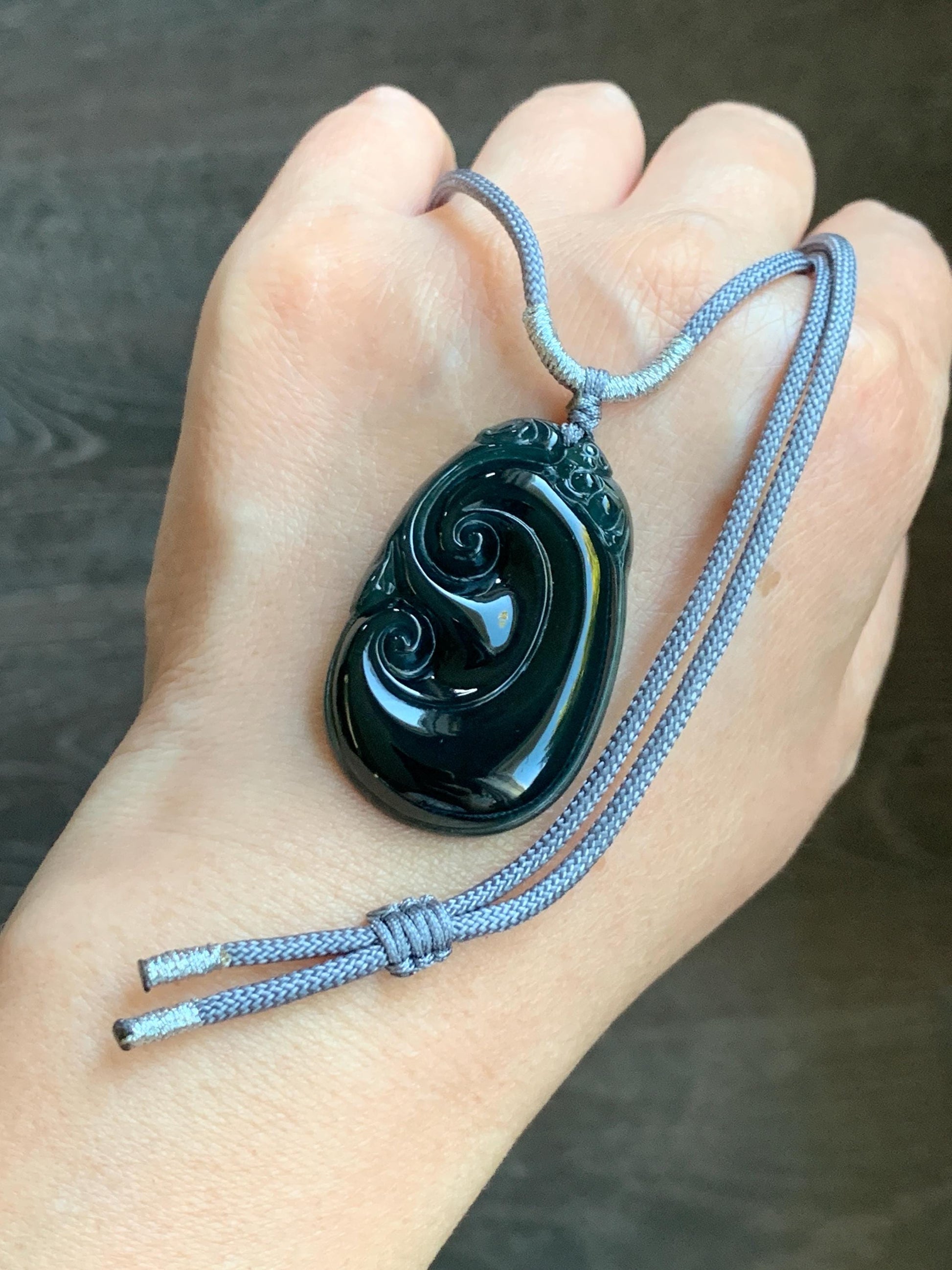 Large Natural Guatemalan Icy Translucent Dark Teal Blue Jadeite Carved Ruyi Pendant Rope Necklace 28" Adjustable 14g 天然冰危湖水蓝翡翠如意吊坠 YSH