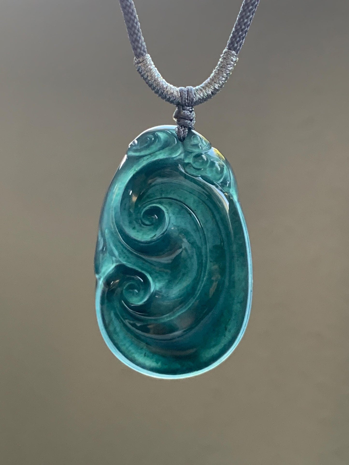 Large Natural Guatemalan Icy Translucent Dark Teal Blue Jadeite Carved Ruyi Pendant Rope Necklace 28" Adjustable 14g 天然冰危湖水蓝翡翠如意吊坠 YSH