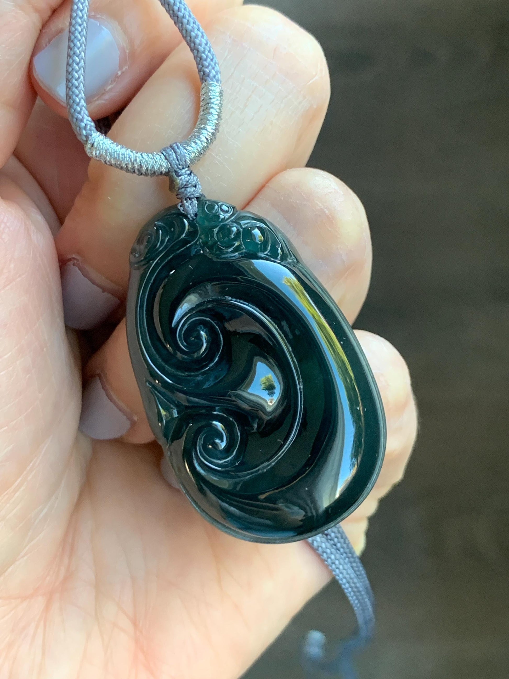 Large Natural Guatemalan Icy Translucent Dark Teal Blue Jadeite Carved Ruyi Pendant Rope Necklace 28" Adjustable 14g 天然冰危湖水蓝翡翠如意吊坠 YSH