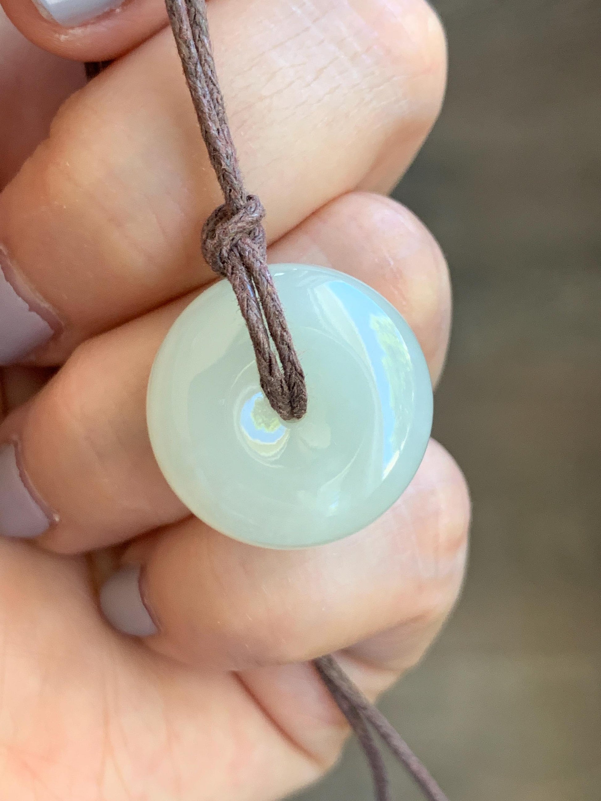 Natural Nephrite Hetian Jade Light Beige Translucent Jade Ping An Kou Donut Pendant Rope Necklace Adjustable 25" 7g 天然和田玉平安扣项链 A