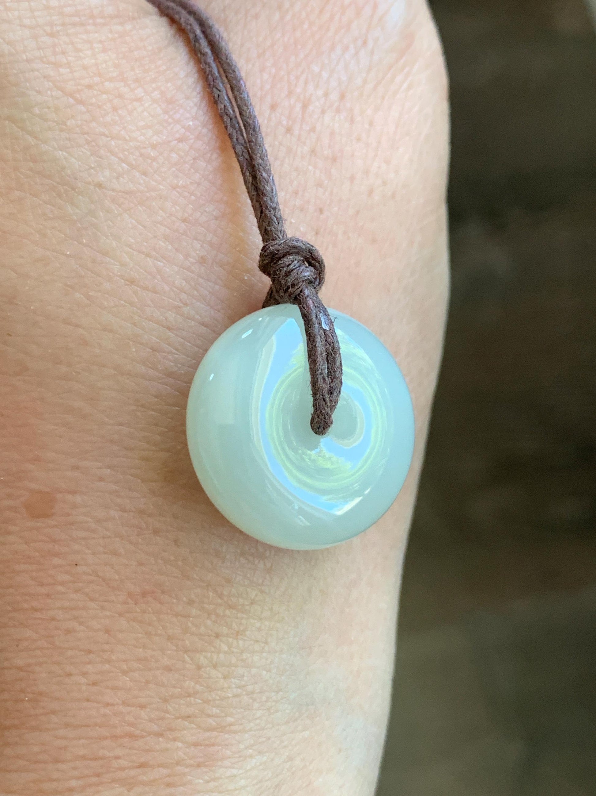 Natural Nephrite Hetian Jade Light Beige Translucent Jade Ping An Kou Donut Pendant Rope Necklace Adjustable 25" 7g 天然和田玉平安扣项链 A