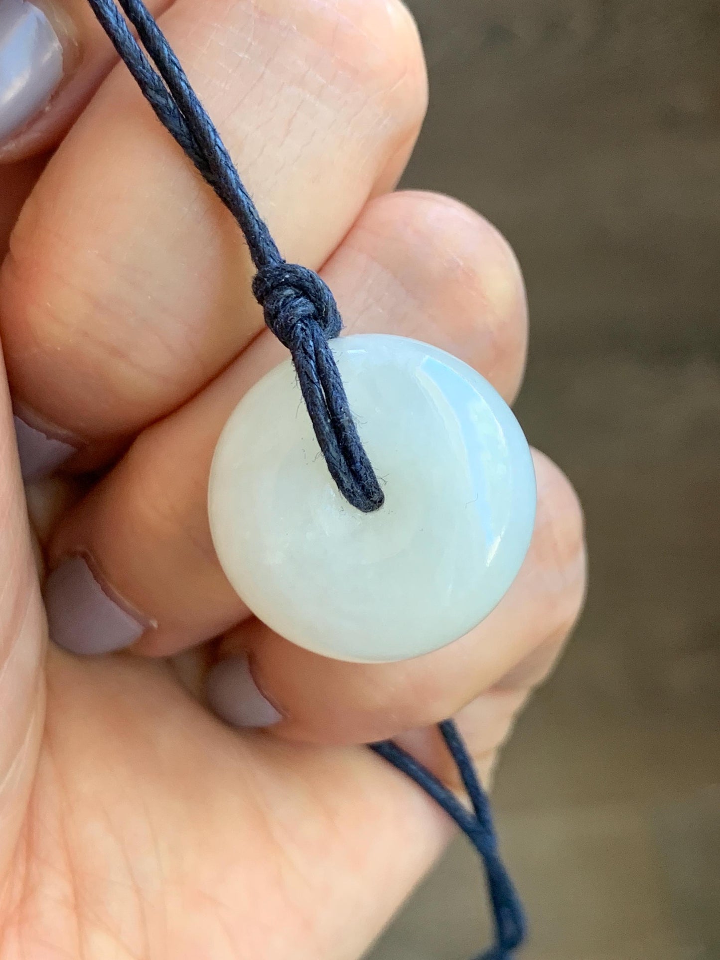 Natural Nephrite Hetian Jade Icy White Translucent Ping An Kou Donut Pendant Rope Necklace Adjustable 29.5" 10g 天然和田玉白玉平安扣项链 C