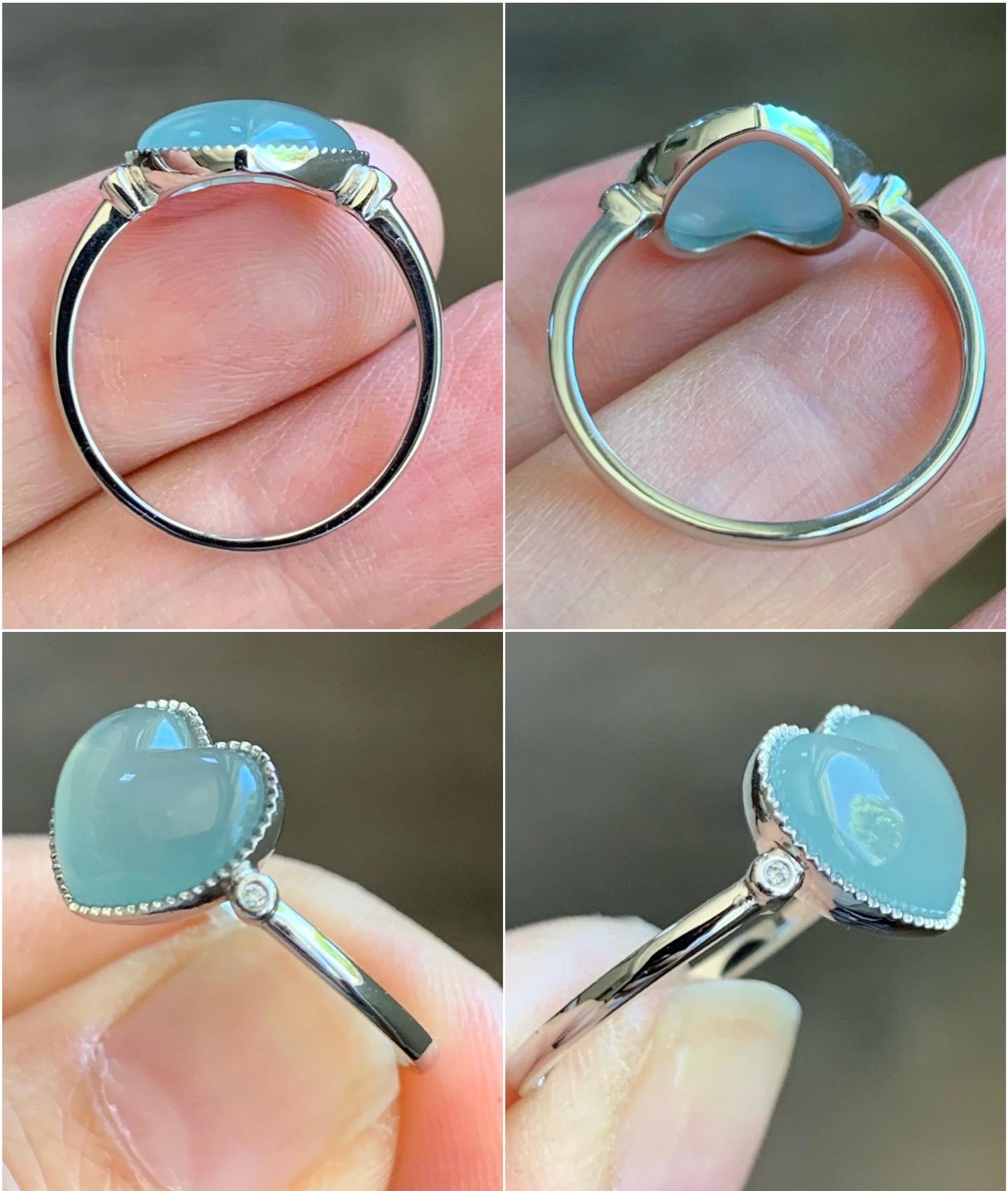 Certified Natural Burmese Icy Translucent Light Blue Jadeite Heart Ring 18K White Gold Natural Diamonds sz 7.25 2.74g 天然缅甸冰胶淡蓝翡翠爱心镶嵌戒指 8602