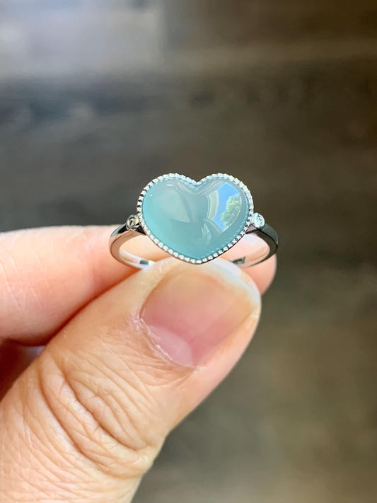 Certified Natural Burmese Icy Translucent Light Blue Jadeite Heart Ring 18K White Gold Natural Diamonds sz 7.25 2.74g 天然缅甸冰胶淡蓝翡翠爱心镶嵌戒指 8602