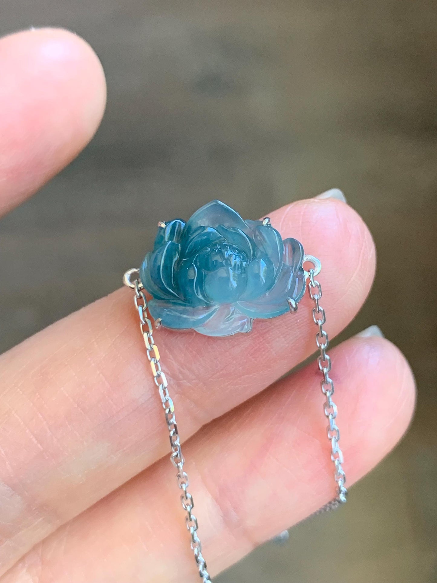 Certified Natural Burmese Icy Translucent Blue Jeans Marbled Jadeite Lotus Flower Bracelet 18K White Gold 6.25"-7" 天然缅甸冰胶牛仔蓝飘花翡翠莲花镶嵌手链 8625