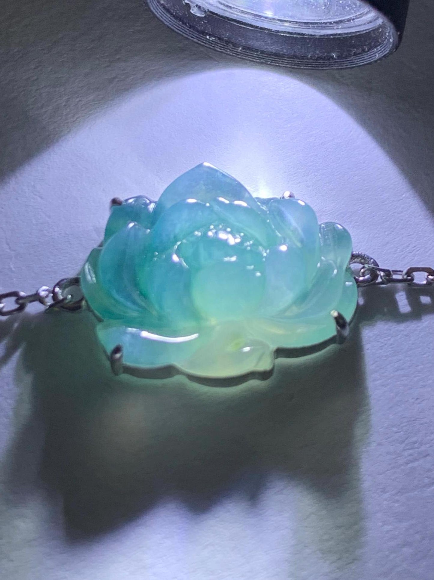 Certified Natural Burmese Icy Translucent Blue Jeans Marbled Jadeite Lotus Flower Bracelet 18K White Gold 6.25"-7" 天然缅甸冰胶牛仔蓝飘花翡翠莲花镶嵌手链 8625