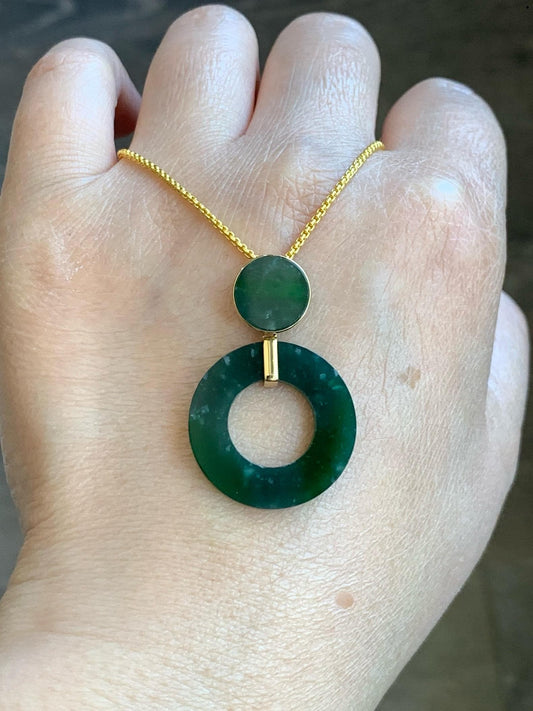 Certified Natural Guatemalan Icy Translucent Dark Teal Green Vibrant Green Jadeite Ping An Kou Donut Pendant 18K Yellow Gold 天然冰危深绿飘花翡翠平安扣吊坠