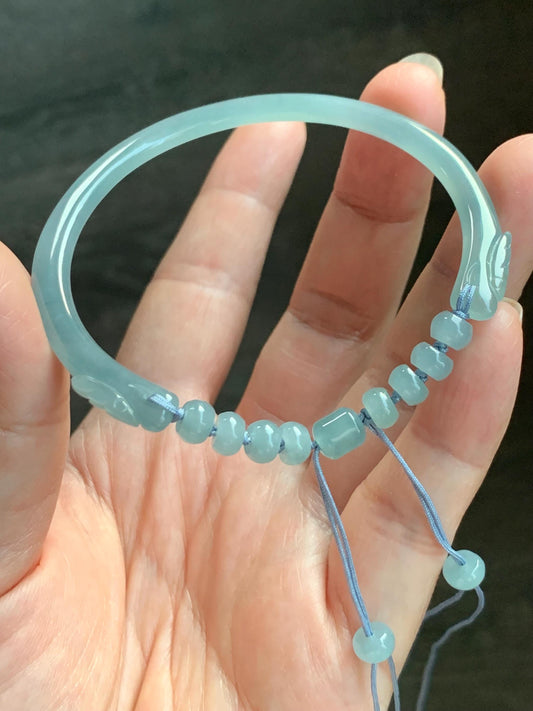 Natural Guatemalan Icy Highly Translucent Light Dusty Blue Jadeite Open Skinny Bangle Beaded Bracelet 56.7mm 7” 11g 天然冰危淡蓝翡翠开口镯手串 XTZ88