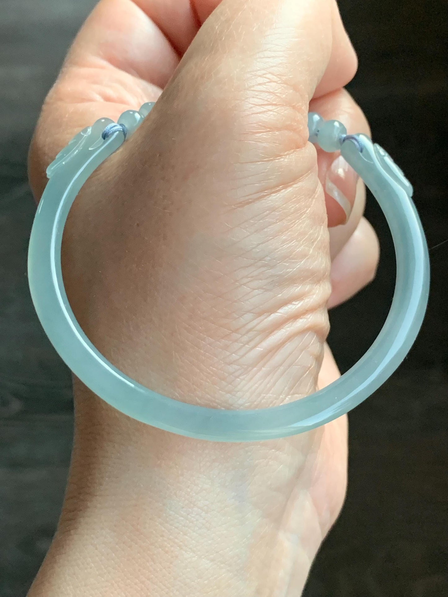 Natural Guatemalan Icy Highly Translucent Light Dusty Blue Jadeite Open Skinny Bangle Beaded Bracelet 56.7mm 7” 11g 天然冰危淡蓝翡翠开口镯手串 XTZ88