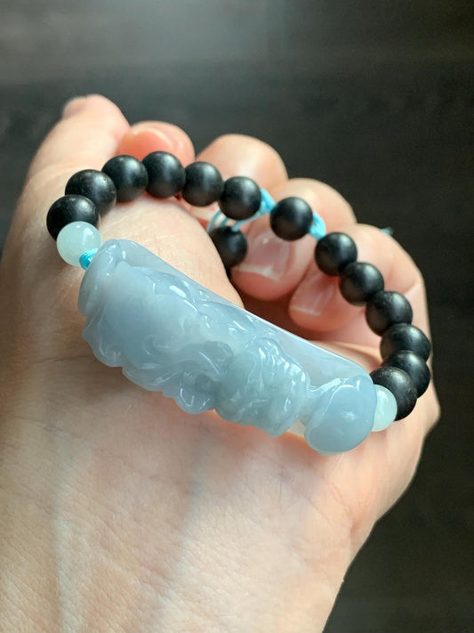 Natural Guatemalan Icy Translucent Light Blue Jadeite Carved Pixiu Ruyi Natural Wood Beads Beaded Bracelet 6.5” 25g 天然冰危淡蓝紫翡翠貔貅如意沉香木珠手串