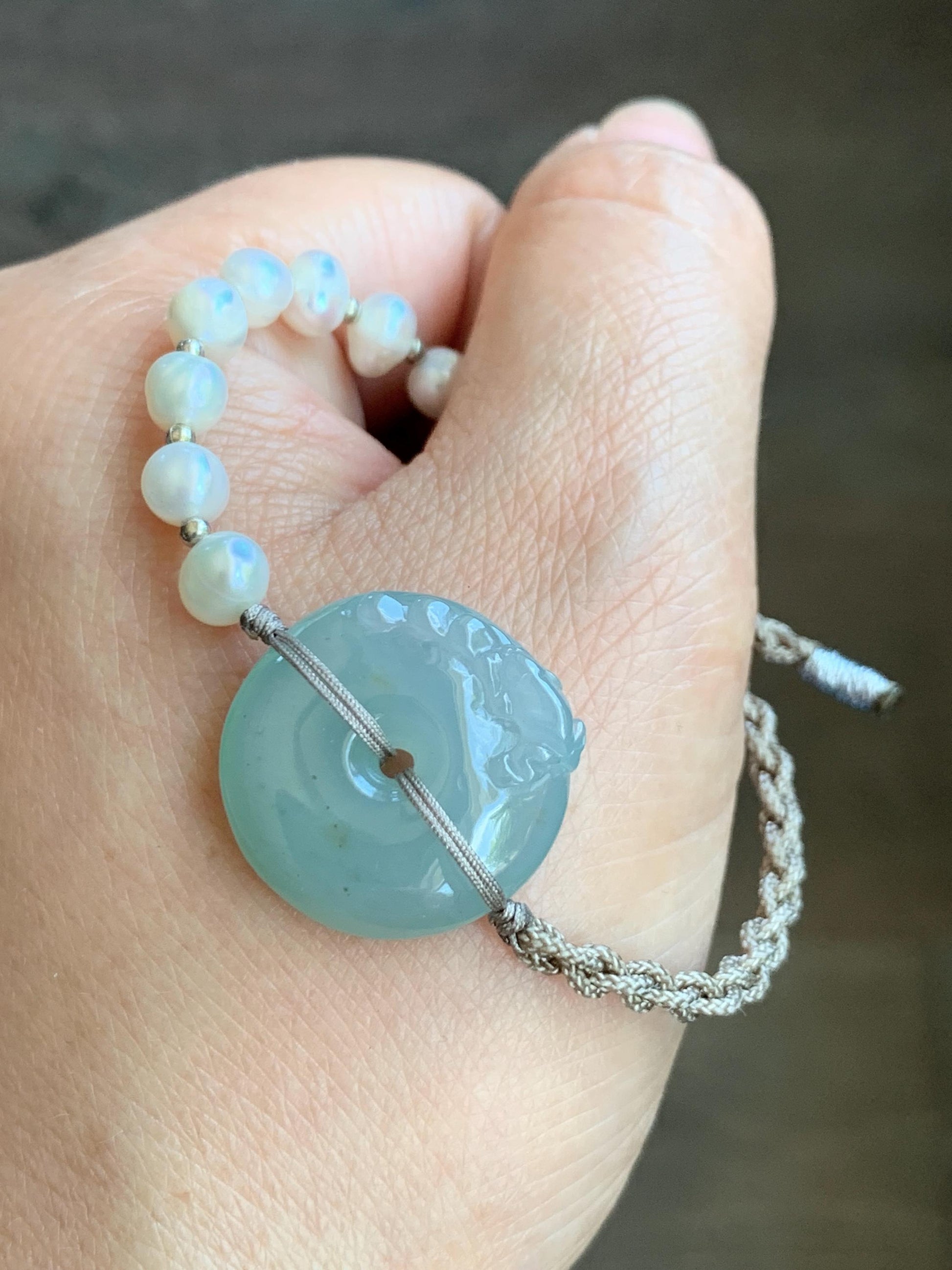 Natural Burmese Icy Translucent Light Dusty Blue Jadeite Ping An Kou Donut Freshwater Pearls Rope Bracelet Adjustable 天然缅甸冰胶天空蓝翡翠呱呱来财平安扣珍珠手绳