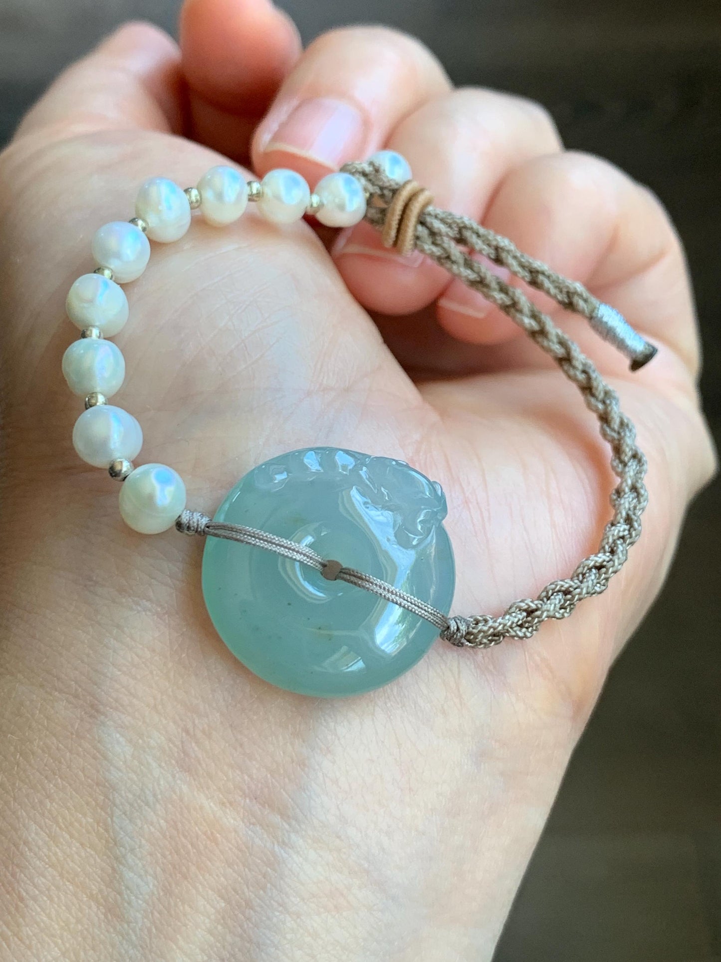 Natural Burmese Icy Translucent Light Dusty Blue Jadeite Ping An Kou Donut Freshwater Pearls Rope Bracelet Adjustable 天然缅甸冰胶天空蓝翡翠呱呱来财平安扣珍珠手绳