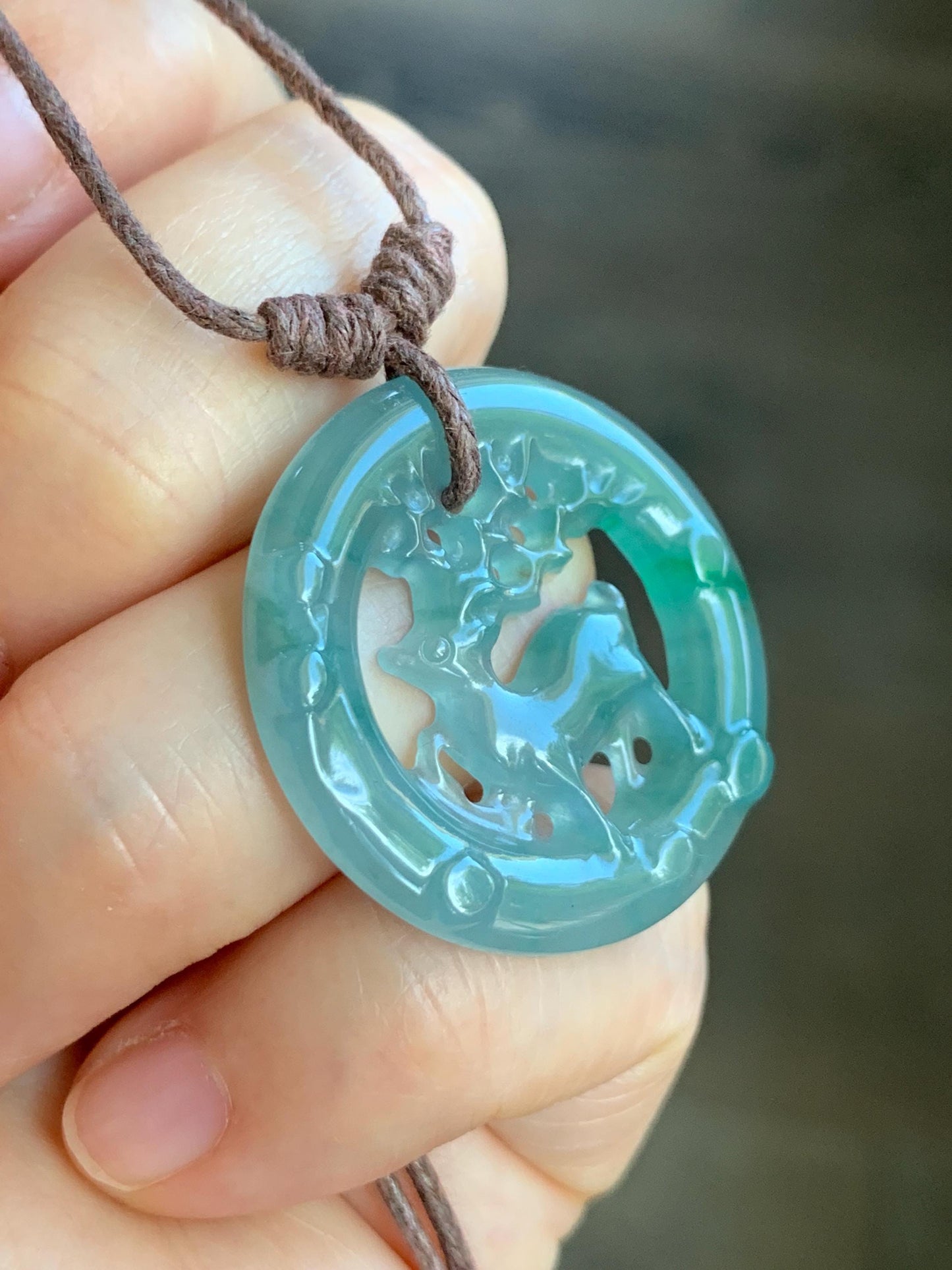 Natural Guatemalan Icy Highly Translucent Light Dusty Teal Blue Jadeite Engraved Deer Pendant Rope Necklace Adjustable 26” 5g 天然危蓝水飘花翡翠梅花鹿吊坠