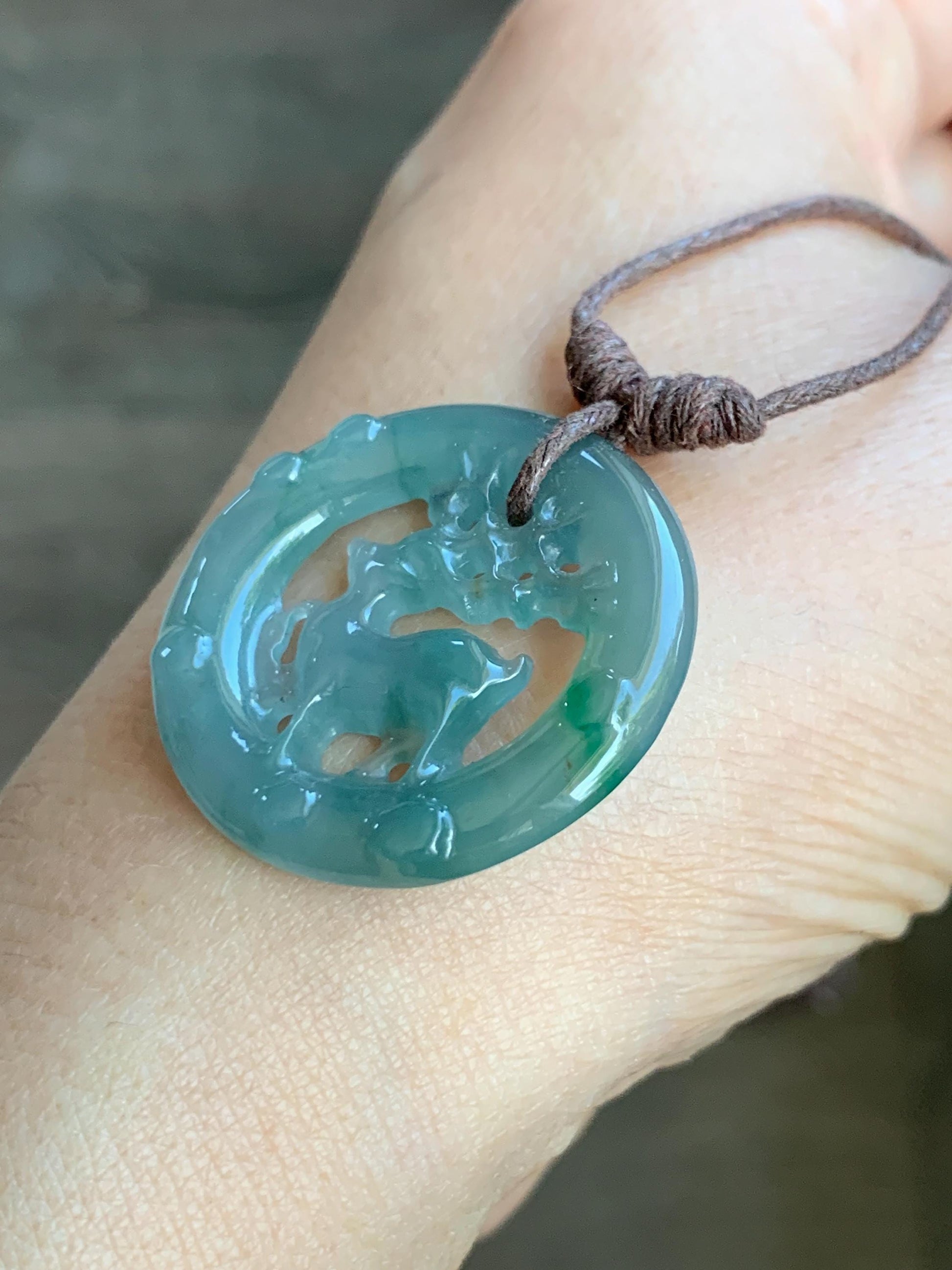 Natural Guatemalan Icy Highly Translucent Light Dusty Teal Blue Jadeite Engraved Deer Pendant Rope Necklace Adjustable 26” 5g 天然危蓝水飘花翡翠梅花鹿吊坠