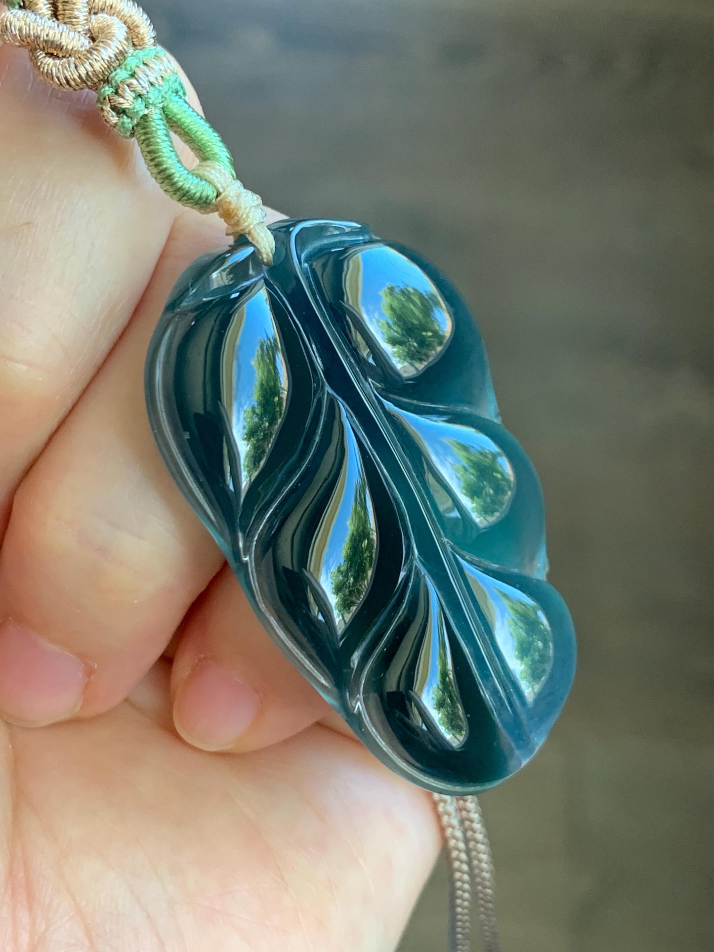 Large Natural Guatemalan “Aged” Icy Highly Translucent Dark Blue Jadeite Carved Leaf Pendant Rope Necklace 24” 17g 天然老种冰危深蓝水翡翠大叶有成吊坠