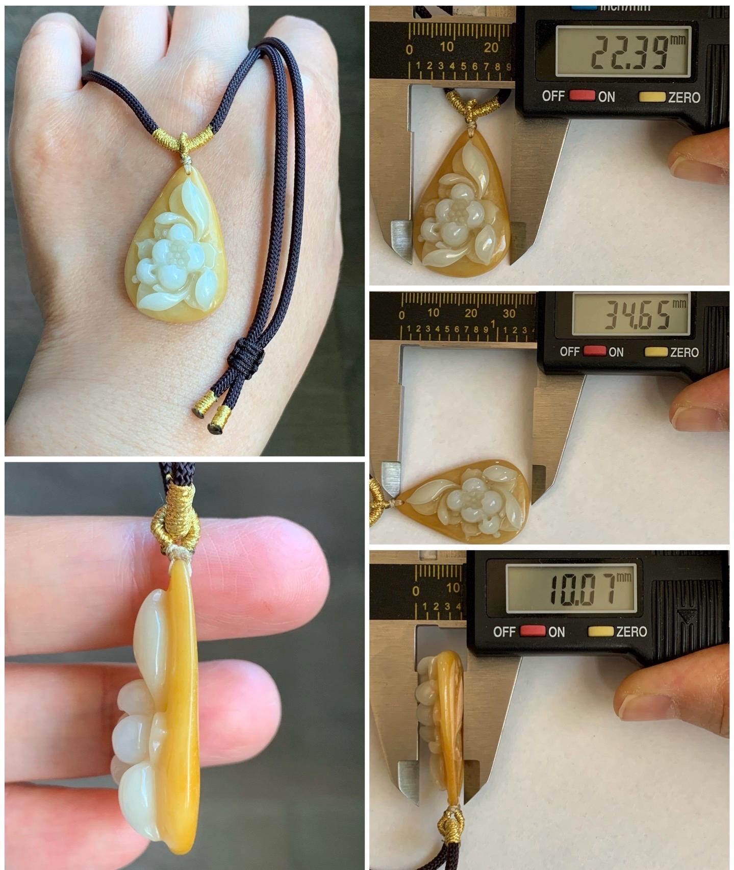 Natural Burmese Icy Translucent White & Yellow Bicolored Jadeite Carved Lotus Flower Teardrop Pendant Rope Necklace 26" 天然缅甸细糯白加黄翡翠一品清莲吊坠