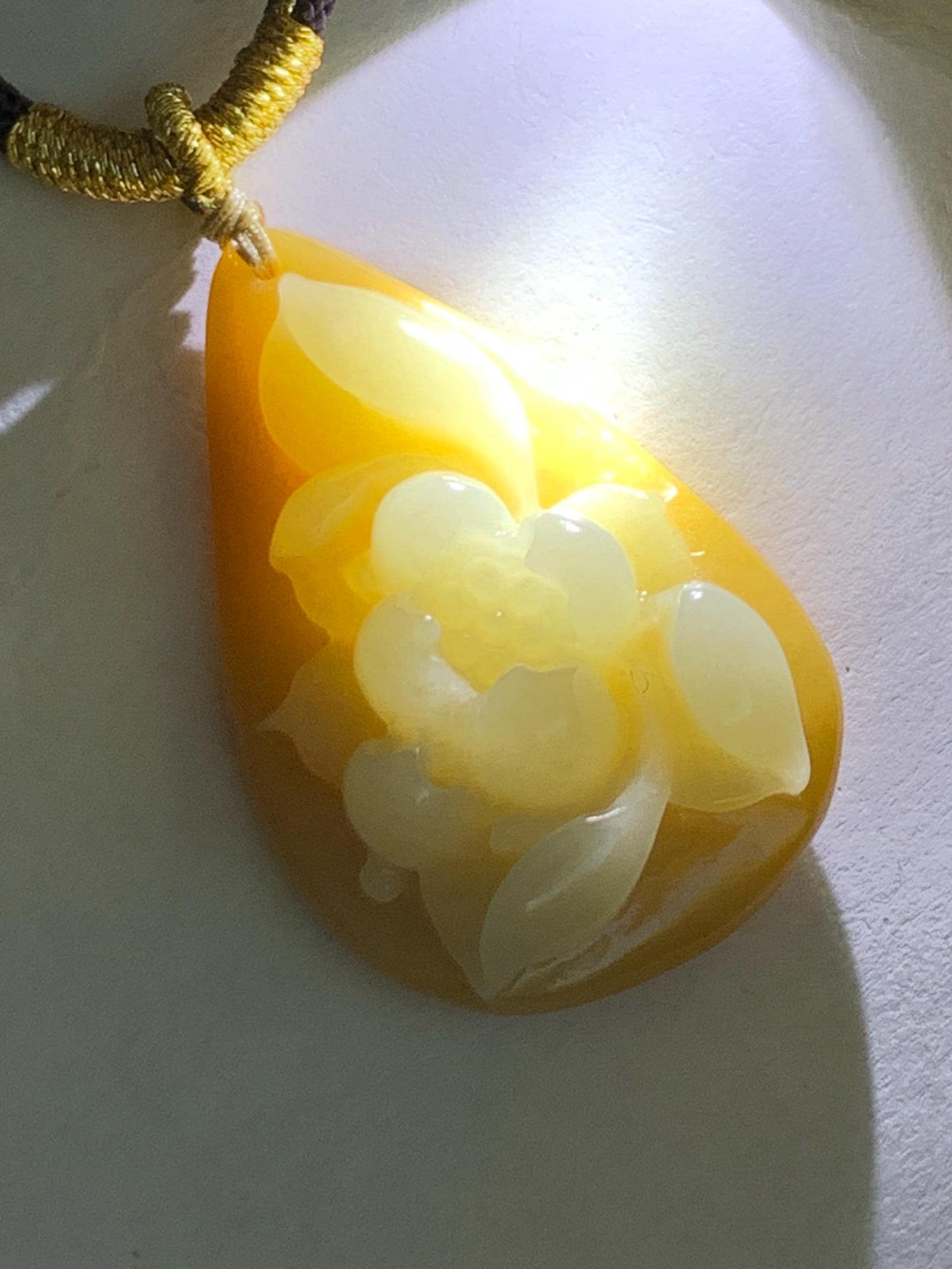 Natural Burmese Icy Translucent White & Yellow Bicolored Jadeite Carved Lotus Flower Teardrop Pendant Rope Necklace 26" 天然缅甸细糯白加黄翡翠一品清莲吊坠