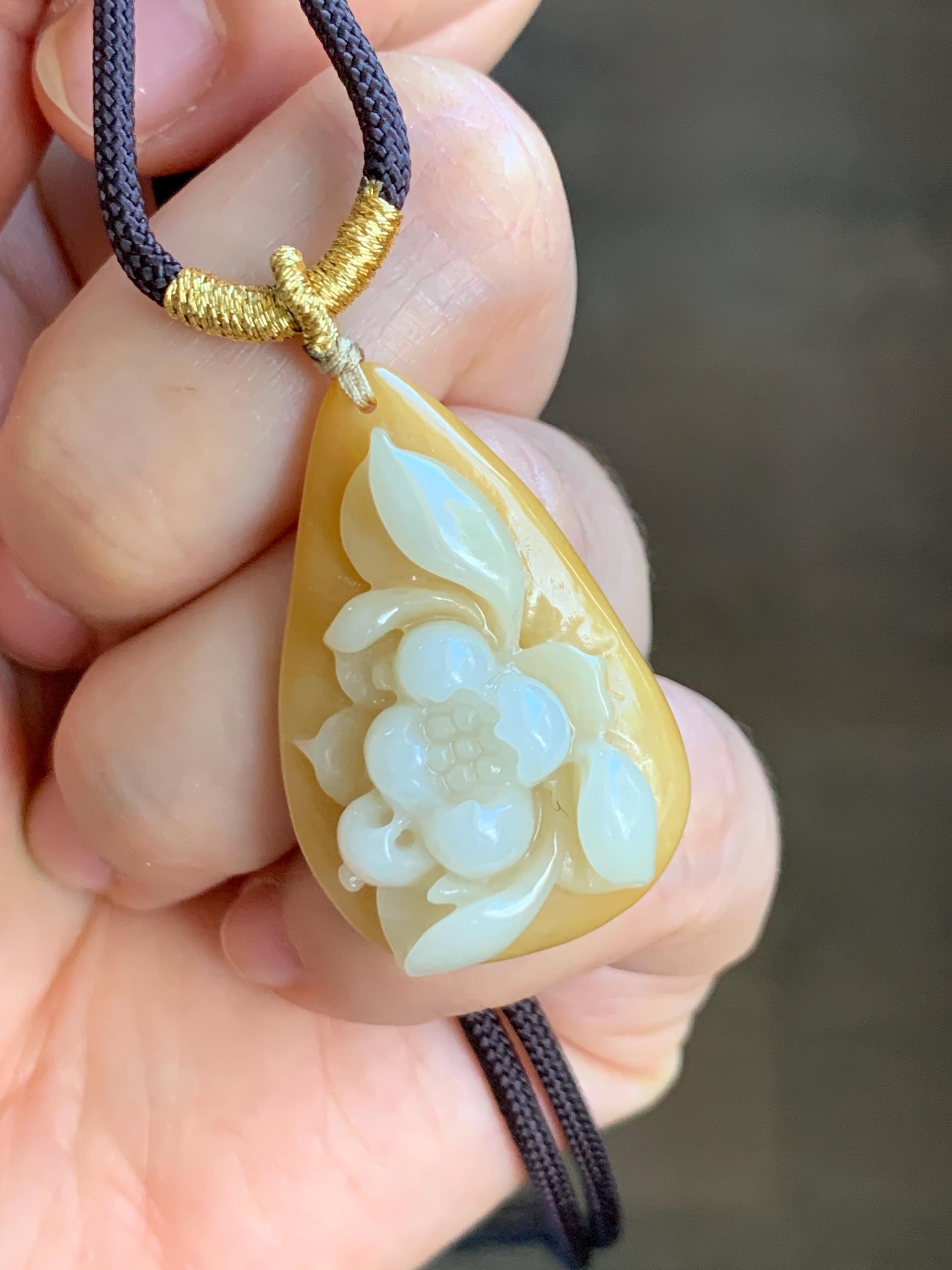 Natural Burmese Icy Translucent White & Yellow Bicolored Jadeite Carved Lotus Flower Teardrop Pendant Rope Necklace 26" 天然缅甸细糯白加黄翡翠一品清莲吊坠