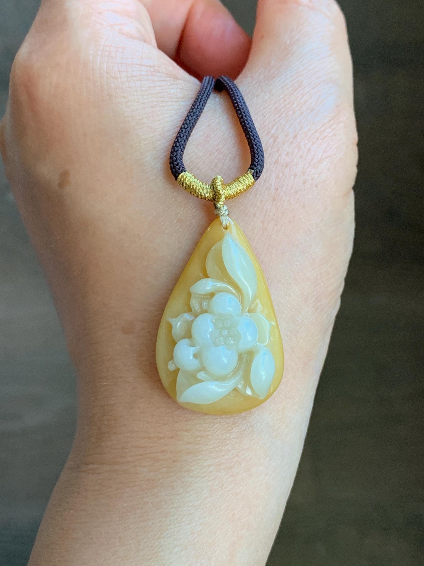 Natural Burmese Icy Translucent White & Yellow Bicolored Jadeite Carved Lotus Flower Teardrop Pendant Rope Necklace 26" 天然缅甸细糯白加黄翡翠一品清莲吊坠