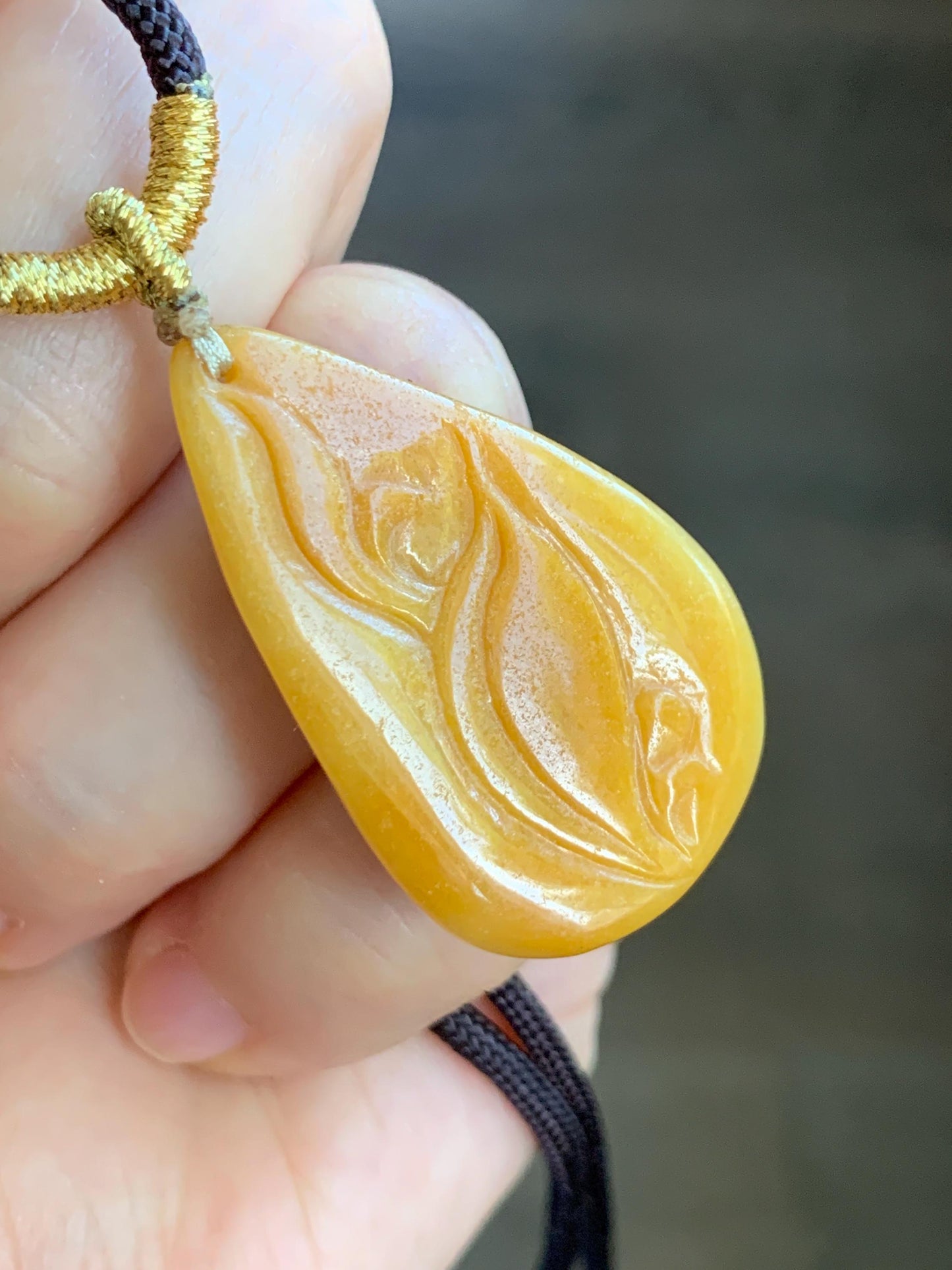 Natural Burmese Icy Translucent White & Yellow Bicolored Jadeite Carved Lotus Flower Teardrop Pendant Rope Necklace 26" 天然缅甸细糯白加黄翡翠一品清莲吊坠